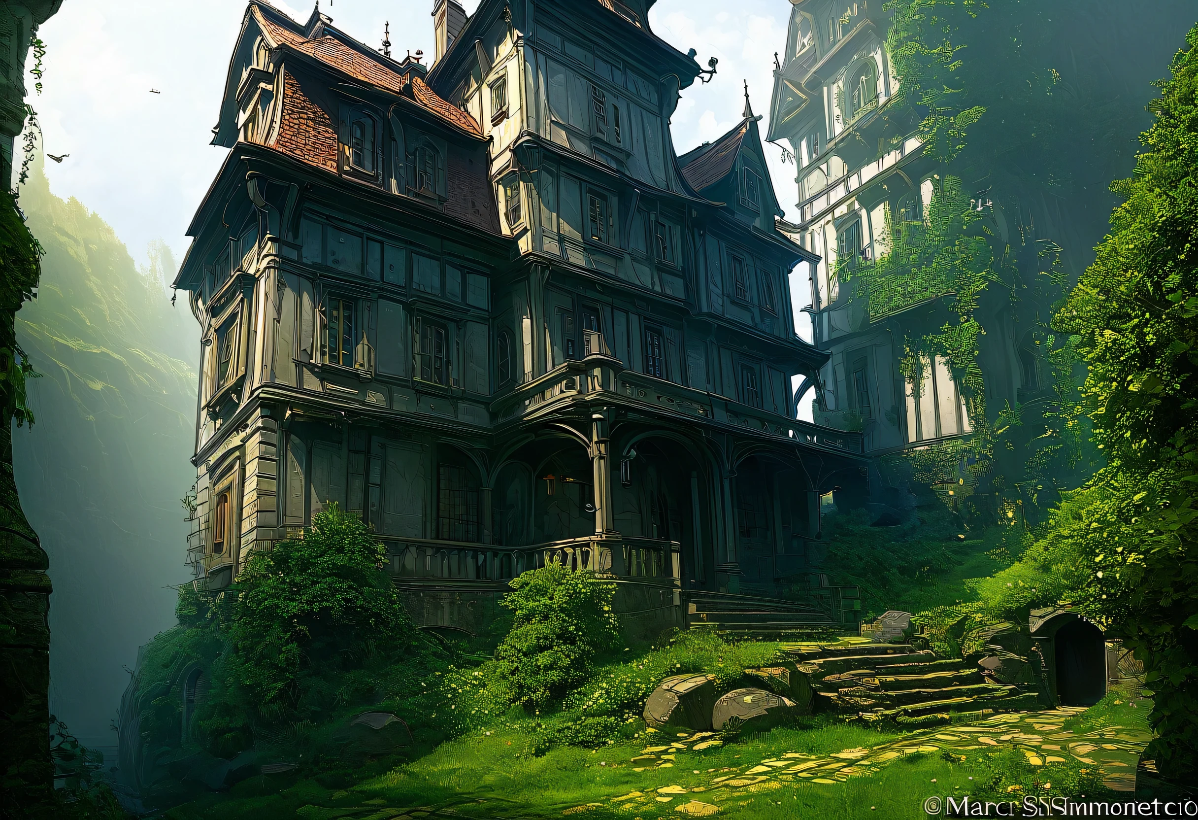 A drawing of a house with a tower and a staircase leading up to it, Matte painting inspired by Marc Simonetti, Artstation Contest Winner, Fantasy art, style of by Marc Simonetti, by Marc Simonetti. complicated, art style of by Marc Simonetti, fantasy house, Andreas Rocha Style, stylized urban Fantasy artwork, Fantasy architecture