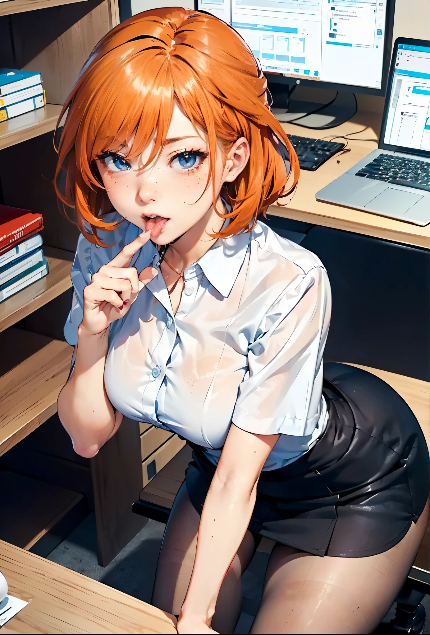 (illustratio), (high resolution), (8K), (highly detailed), (The best illustrations), anime babe (top-quality), (​masterpiece)、((Orange hair)), blue eyes, , 1girl, small girerfect anatomy) ((adorable girl)), Orange hair, juicy ass, Perfect mouth, (Perfect nose, perfect breasts, perfect face, medium breasts, perfect legs, fair skin, redhead hair, waifu freckles, (messy hair) ((diminutive waist)) ((short sleeve white button up dress shirt)) ((short skirt)) ((black office skirt)) (black pantyhose) (black heels) ((in an office)) thick thighs, waifu Freckles, (perfect arms) (perfect hands) (5 fingers) (big ass) ((oral invitation)) (opening her mouth wide) (on her knees) ((pointing index finger at her mouth)) ((gesturing towards her mouth)) (sticking index finger in her mouth)