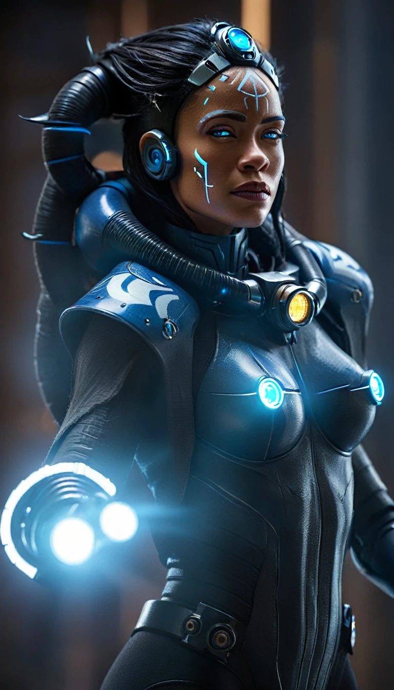 A futuristic cyborg woman with glowing blue circuitry, dramatic lighting, intricate mechanical details, hyper-realistic, 8k, volumetric lighting, cinematic composition, depth of field, photorealistic, highly detailed, vibrant colors, studio lighting, sci-fi, blue and black color scheme
