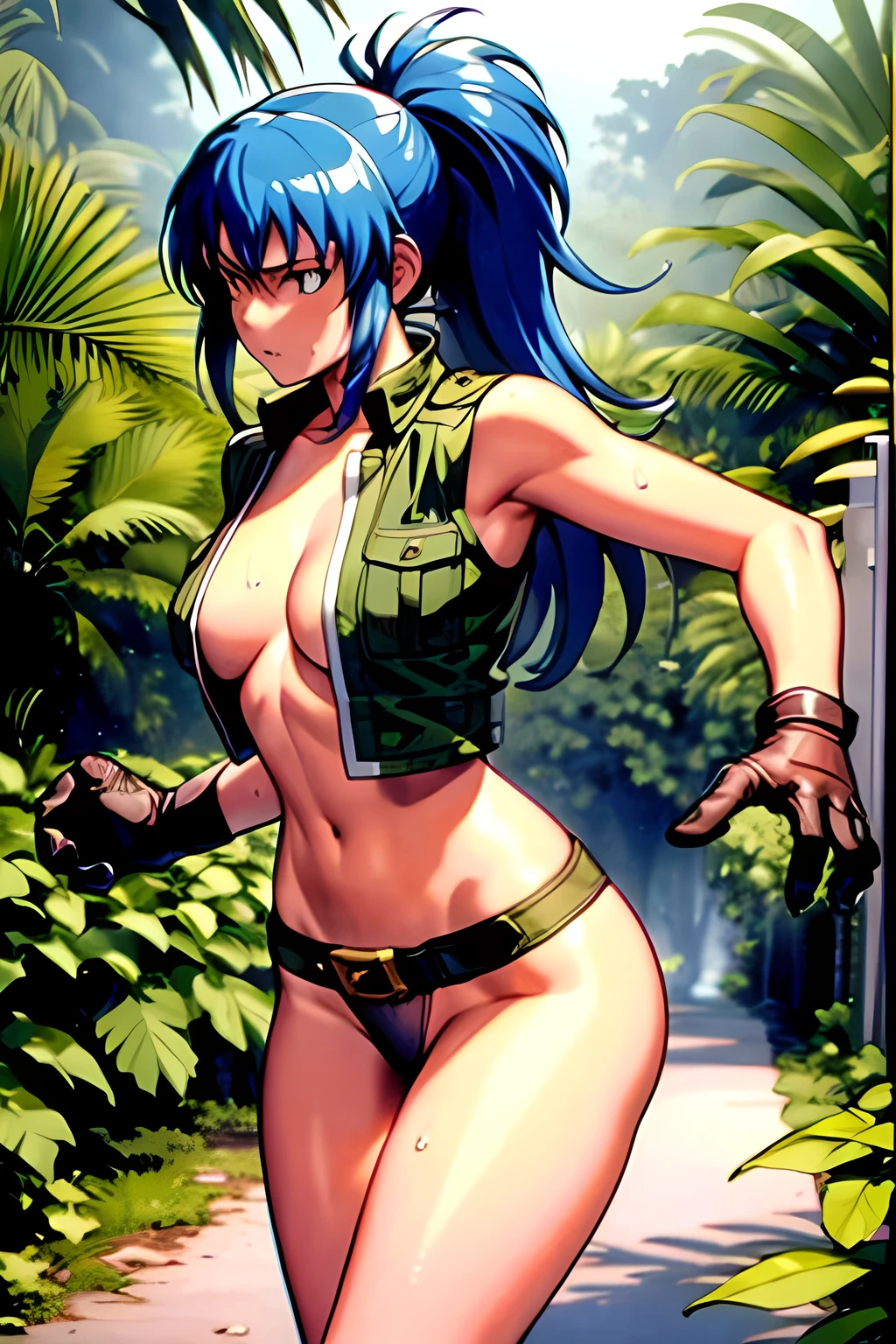 masterpiece, best quality, anime 1990s \(style\, leona heidern, sexy, naked, thong ,open vest., jungle, tactical, pony tail, serious, cammo, army, soldier, blue hair, warfare, war, wet, gloves, sexy pose, jungle girl, perfect hands, five fingers, long hair, tropical, belt.