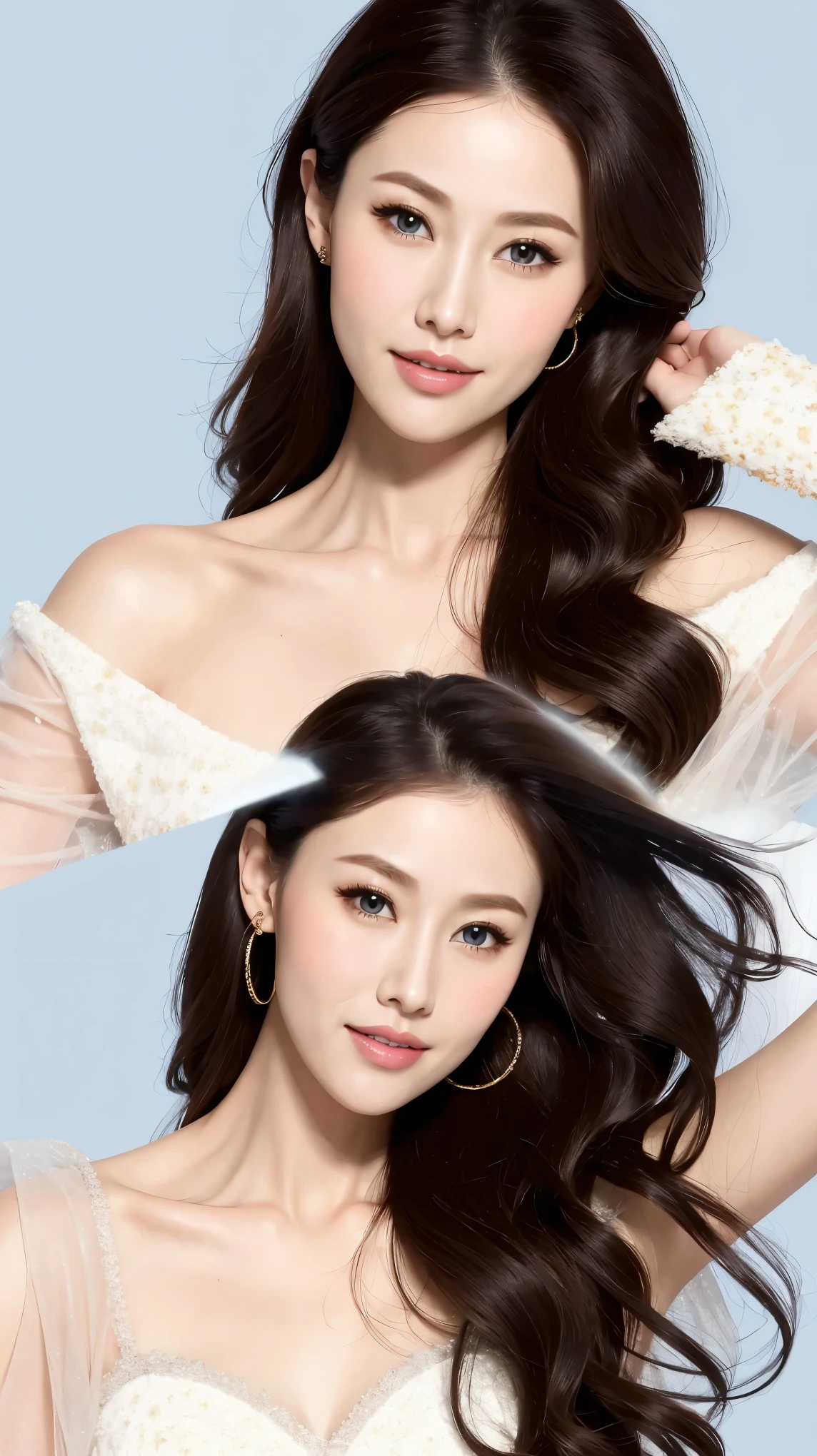 ((casting))，Fashion model 25 years old [[[[close up]]]], [[[[neck]]]], [[[[Shoulder]]]], Perfect eyes, Perfect iris，Perfect lips，Perfect Teeth，Perfect skin，White skin，Soft headlights，High-density imaging，((Various postures))，（The face is clear and delicate），((White formal wear))，((Smile))，((Blue screen background))，best quality，masterpiece，（Soft colors：1.2)