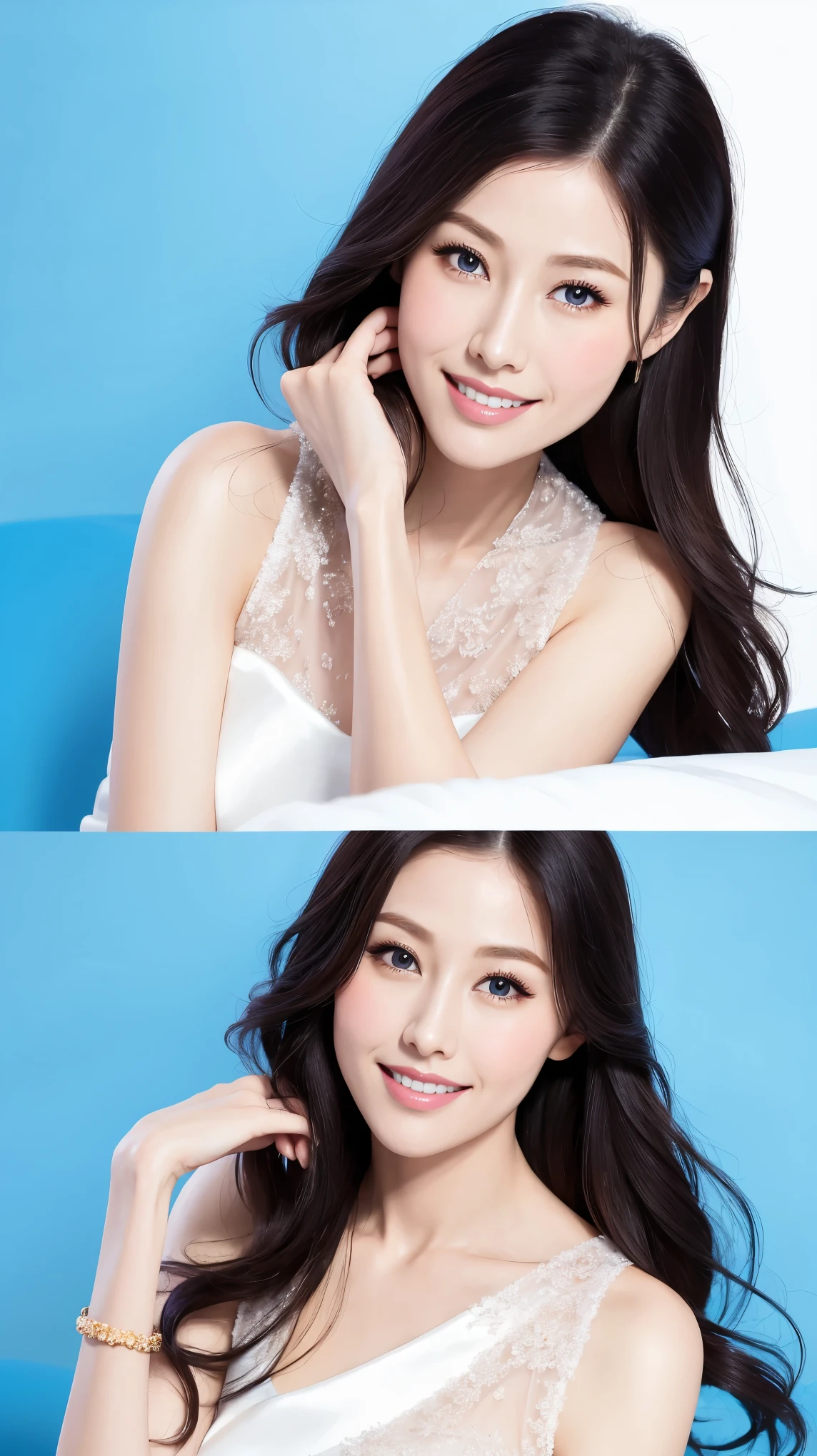 ((casting))，Fashion model 25 years old [[[[close up]]]], [[[[neck]]]], [[[[Shoulder]]]], Perfect eyes, Perfect iris，Perfect lips，Perfect Teeth，Perfect skin，White skin，Soft headlights，High-density imaging，((Various postures))，（The face is clear and delicate），((White formal wear))，((Smile))，((Blue screen background))，best quality，masterpiece，（Soft colors：1.2)