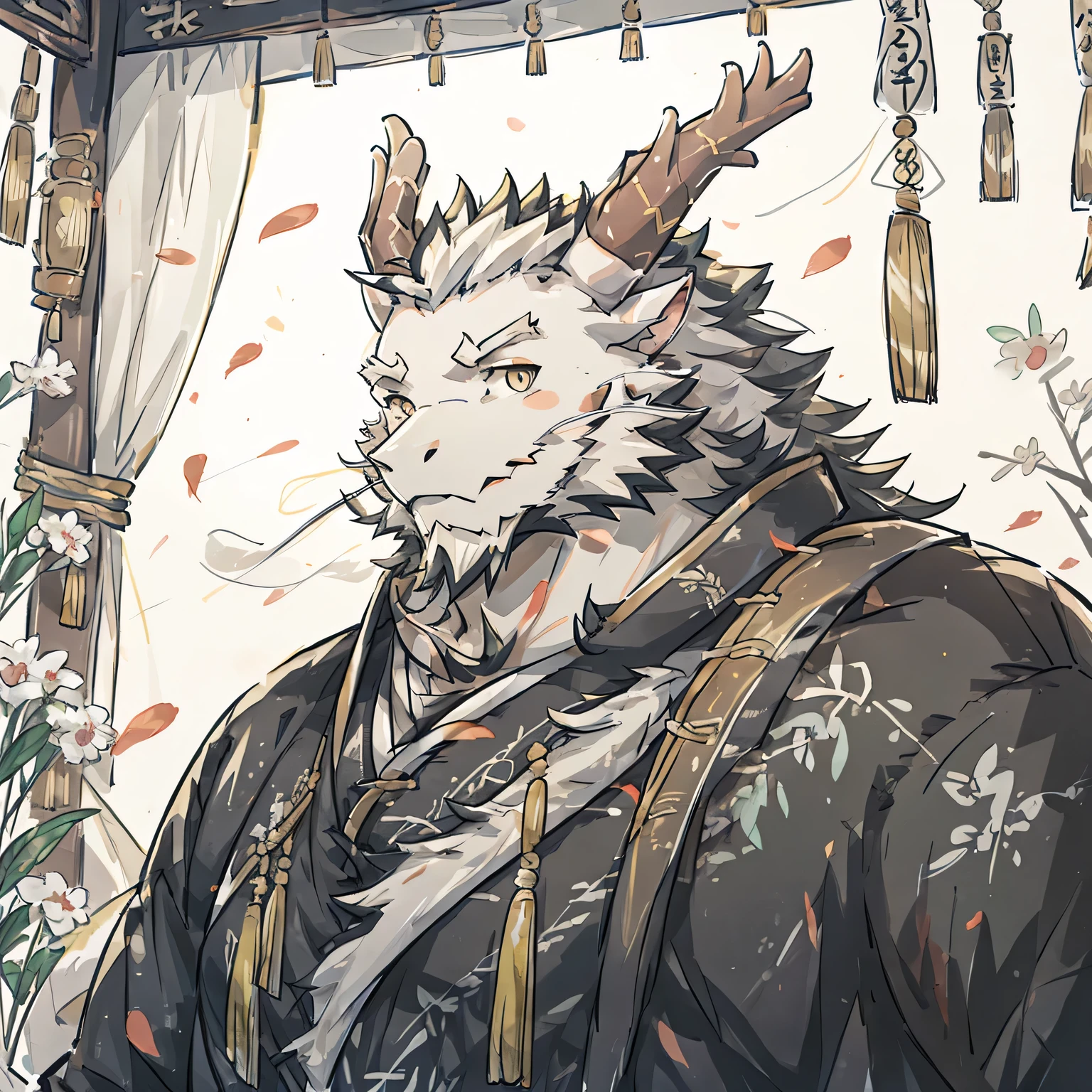 (white eastern dragon),furry,white mustache,big pecs,hearty males,muscular,black imperial robe,adult,traditional_chinese_room，head portrait