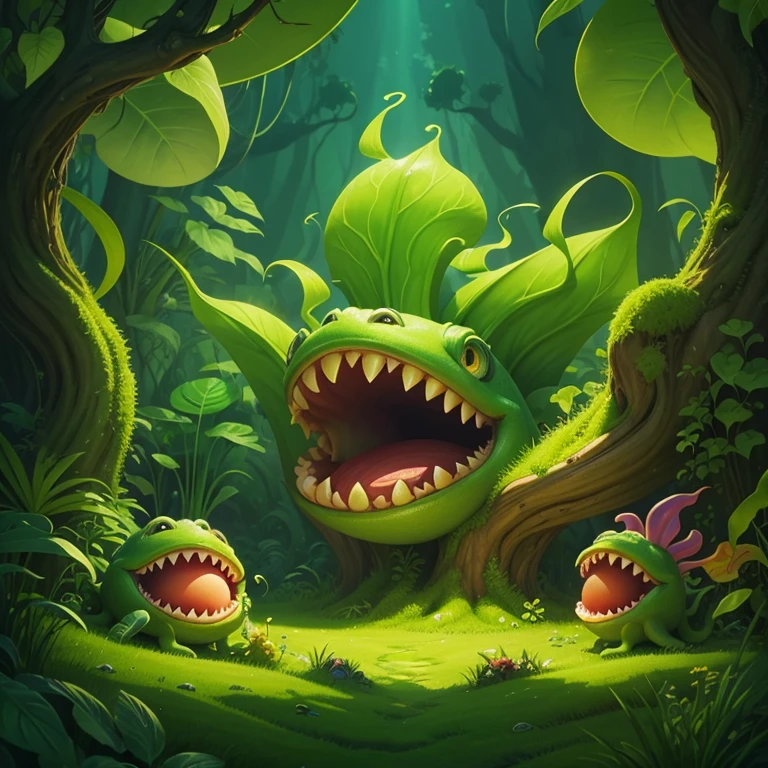 2D cartoon illustration, Disney style 2D illustration, little monster plant tentacles, fantasy green plant Roper, full plant body, green forest background, Nepenthes monster, Piranha Plant