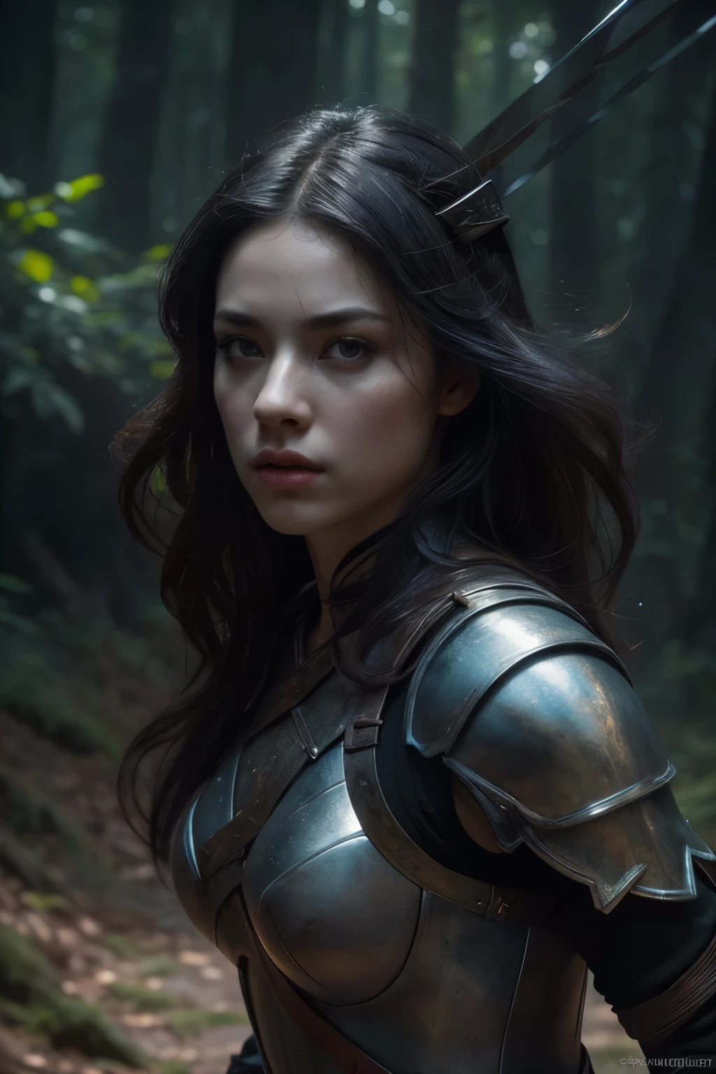 Beautiful and Exquisite female warrior, exquisite eyes, delicate lips, very detailed face and body, long black hair, (sword swinging: 1.4), (motion blur effect to express the movement of the female warrior: 1.6), wearing armor, against the background of a dark and gloomy night forest, anatomically correct body structure, anatomically correct fingers, dramatic lighting and shadows, (highest quality, 4k, 8k, high resolution, masterpiece: 1.2), ultra detailed, (realistic, photorealistic, photorealistic: 1.37), dark fantasy, dramatic lighting