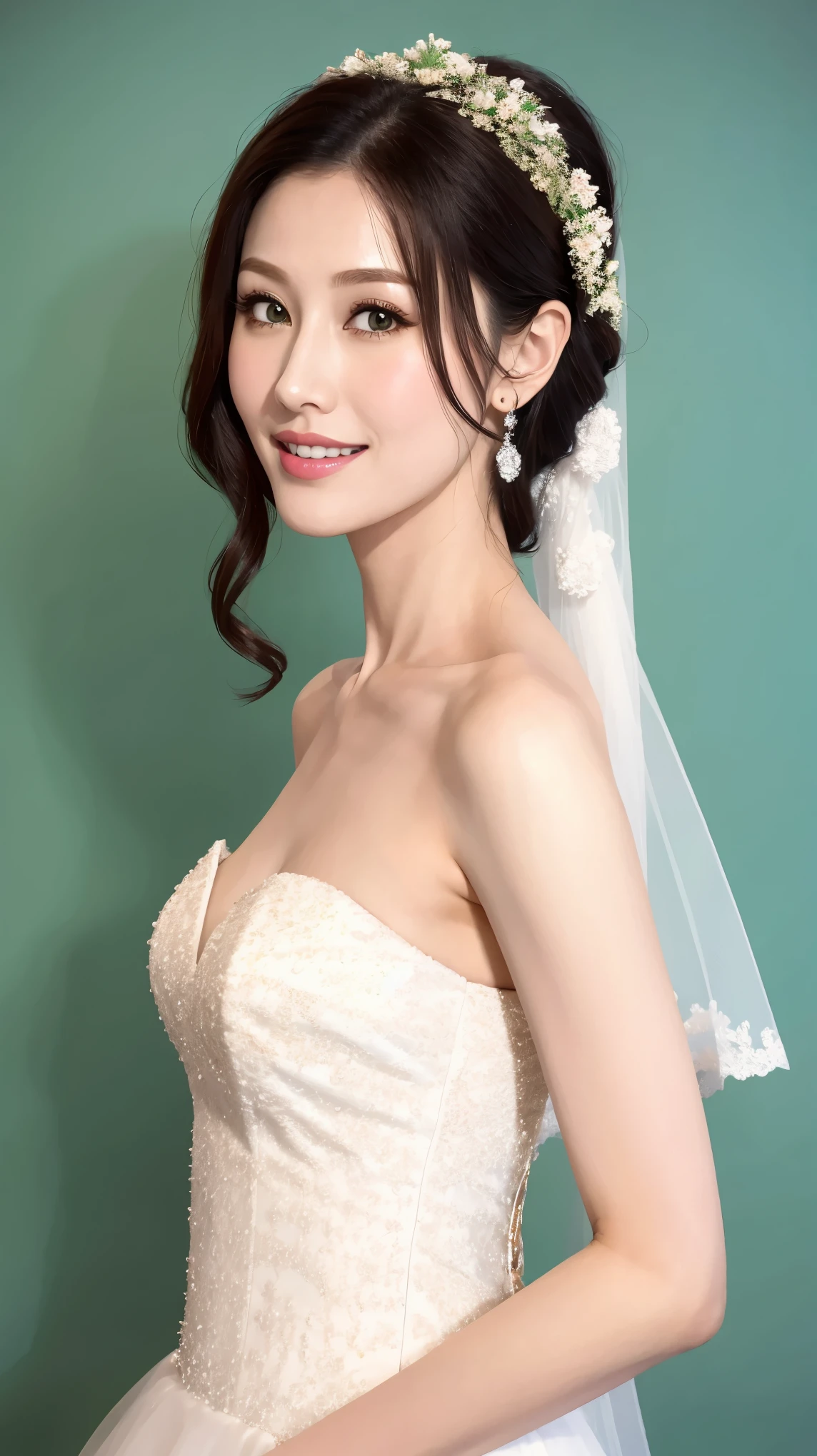 ((casting))，Fashion model 25 years old [[[[close up]]]], [[[[neck]]]], [[[[Shoulder]]]], Perfect eyes, Perfect iris，Perfect lips，Perfect Teeth，Perfect skin，White skin，Soft headlights，High-density imaging，（The face is clear and delicate），((White Bride Wedding Dress))，((Smile))，((The background is a green screen))，best quality，masterpiece，（Soft colors：1.2)