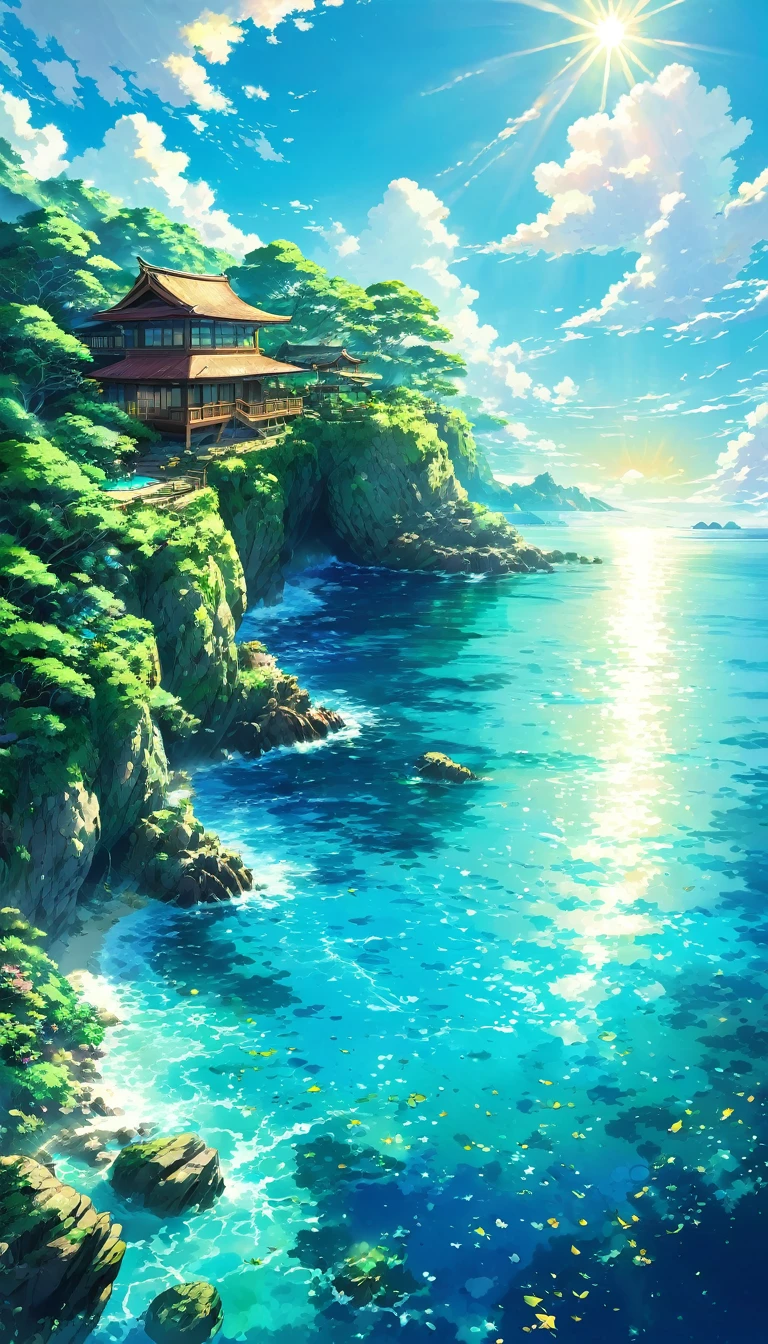Oceanの中、Tropics、Ocean、Ocean岸、cliff、Bungalow、Resort、turquoise blue、Emerald green、sunshine、water surface、rock、cloud、blue sky、summer、Paradise、beautiful、vivid、nature、trip、vacations、beautiful Anime Scenery, Landscape painting, beautifulデジタル絵画, Andreas Rocha, beautifulアートワークのイラスト, Awesome Wallpapers, Raymond Han, 背の高いbeautiful絵画, スタジオグリブリー 新Ocean誠, beautiful壁紙, Anime Scenery