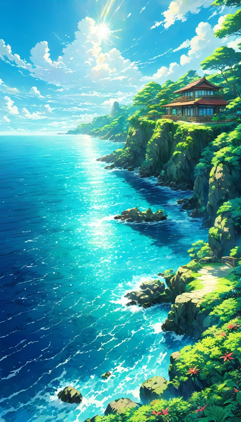 Oceanの中、Tropics、Ocean、Ocean岸、cliff、Bungalow、Resort、turquoise blue、Emerald green、sunshine、water surface、rock、cloud、blue sky、summer、Paradise、beautiful、vivid、nature、trip、vacations、beautiful Anime Scenery, Landscape painting, beautifulデジタル絵画, Andreas Rocha, beautifulアートワークのイラスト, Awesome Wallpapers, Raymond Han, 背の高いbeautiful絵画, スタジオグリブリー 新Ocean誠, beautiful壁紙, Anime Scenery