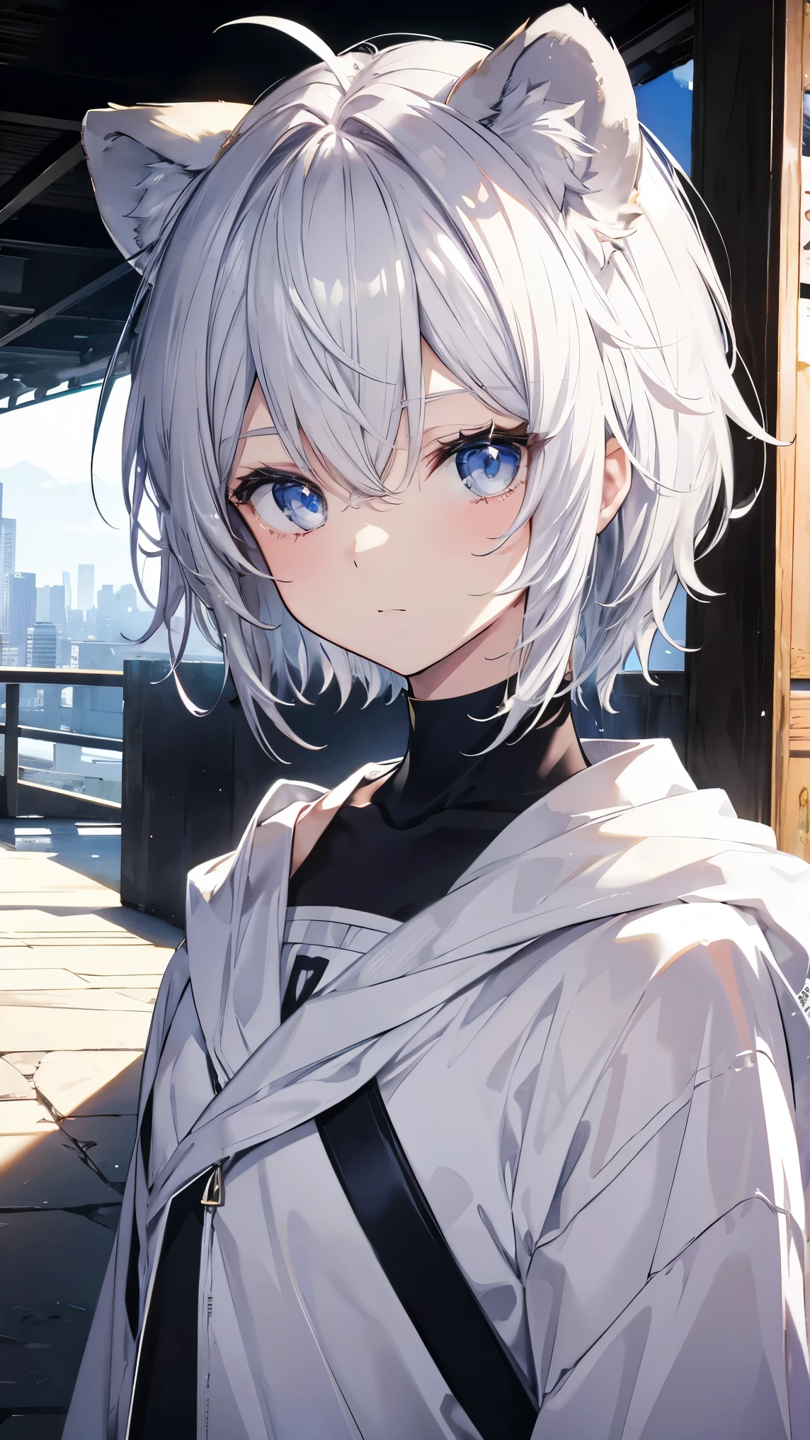 Short Hair、Silver Hair,Lion ears,Lion's Tail,Brown skin,Dark Skin,Detailed sparkly eyes、Blue Eyes,Straight face、Embarrassing、shine、reflected light、Film Grain、masterpiece、Textured Skin、Super Detail、High Detail、high quality、最high quality、High Resolution、16k、shine,Toned body,Wedding dress,hydrangea,whole body,Veil
