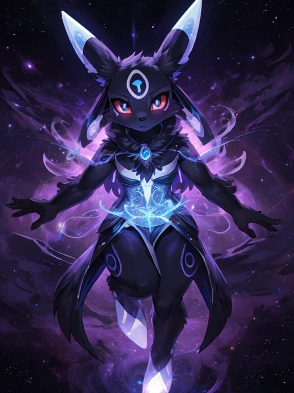 Umbreon pokemon girl antro, black body, alta definicion, tatuaje dorado, tatuaje tribal, patas hermosas,mirada intimidante, Ojos azules profundos, aura magica, mystical aura, mystical aura, cola larga y esponjosa, ojos potenciados, aura espacial, chica divina,divinidad espacial, multiple colorful space, galactic landscape, dark aura magica, magia galaxia, umbra witch costume