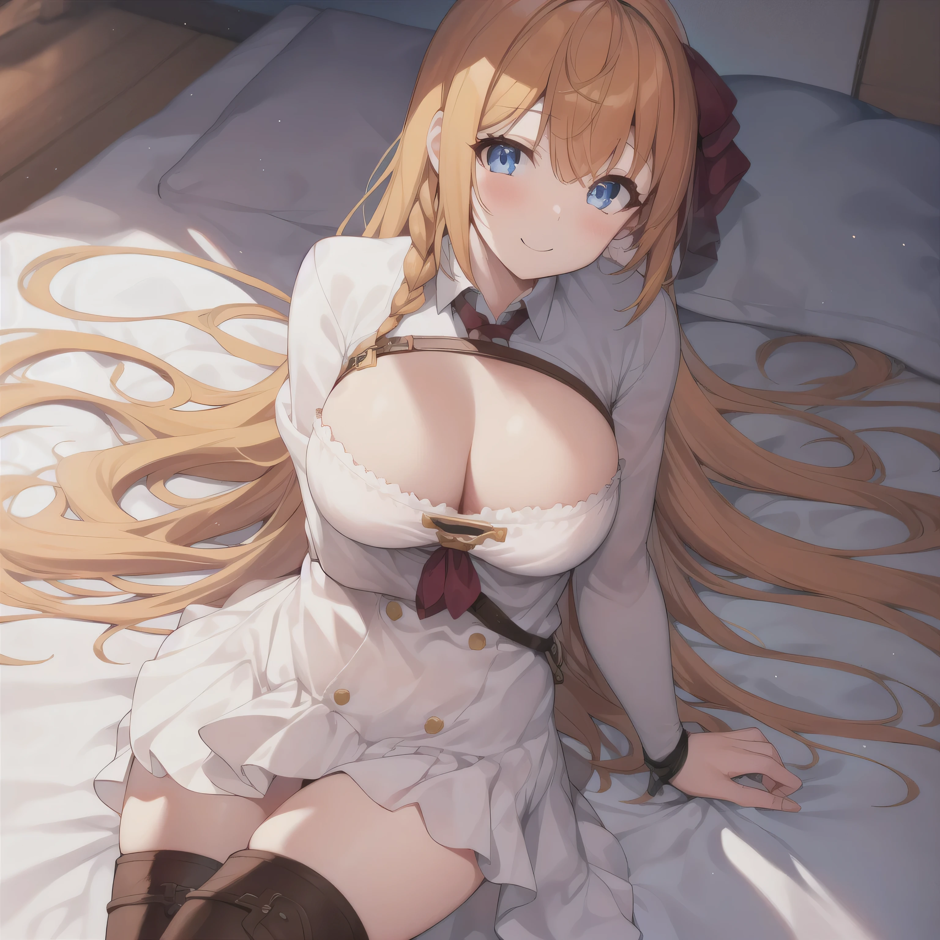 A girl，orange hair, Long hair, Eye:1.5), (Large Breasts:1.2),
Rest special short skirt, skirt, White shirt， Seto Fuku,Low-cut，Open shirt，Close your eyes，boots，Cleavage rests while looking at the audience,Lying down，
Rest in the bedroom, Bed rest (masterpiece:1.2), best quality, high resolution, Unity 8k Wallpaper, (illustration:0.8), (Beautiful and delicate Eye:1.6), Extremely detailed face, Perfect lighting, Extremely detailed CG, (Perfect hands, Perfect anatomical structure),