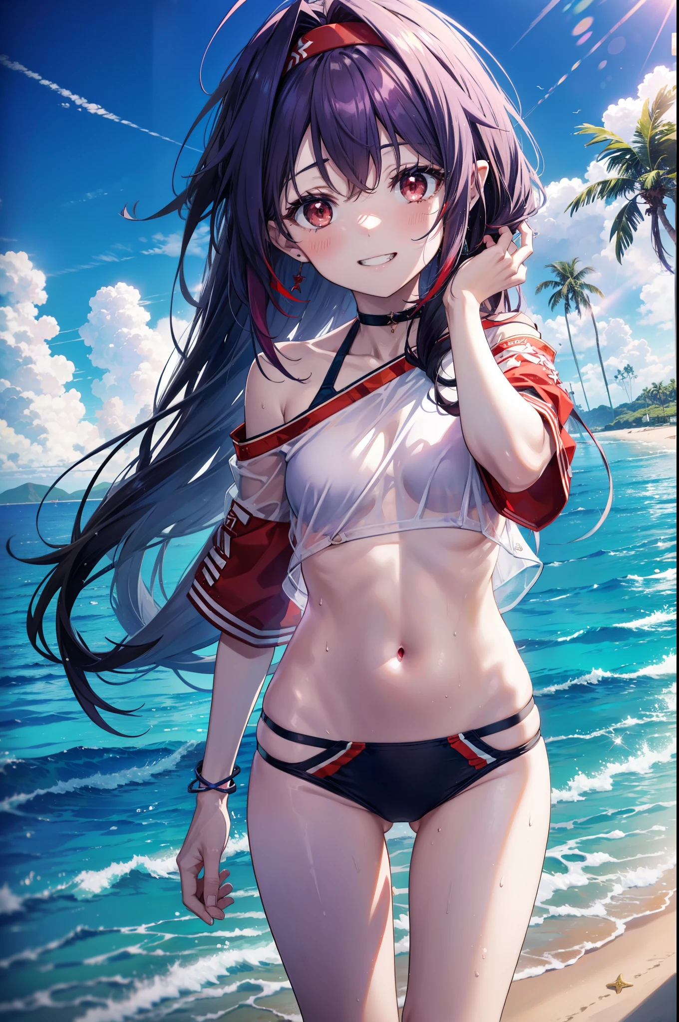 yuukikonno, Konno Yuuki, hair band, Long Hair, Pointed Ears, Purple Hair, (Red eyes:1.5), (Small breasts:1.2), Grin,smile,Purple bikini swimsuit,oversized red t-shirt,barefoot,Palm tree,Holding a swim ring in his right arm,Palm tree,True Summer,whole bodyがイラストに入るように,Walking,
break looking at viewer, whole body,(Cowboy Shot:1. 5)
break outdoors, Beach,Sandy Beach,
break (masterpiece:1.2), highest quality, High resolution, unity 8k wallpaper, (figure:0.8), (Beautiful fine details:1.6), Highly detailed face, Perfect lighting, Highly detailed CG, (Perfect hands, Perfect Anatomy),
