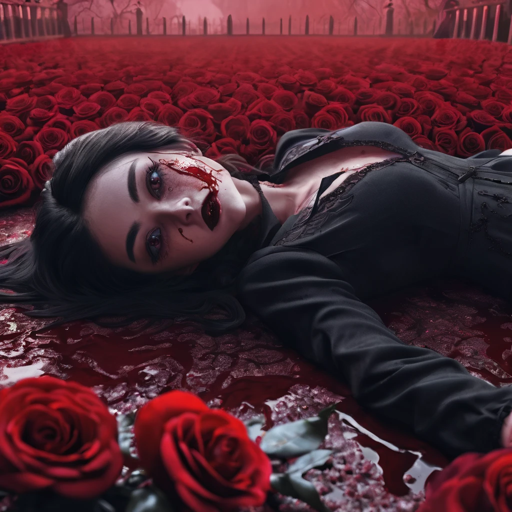 Relistic photography of a woman lying on a bed of blood with a rose garden in the background, Horrible background, horror!! Highly detailed, cursed images, still from animated horror movie, Gapmoe Yandere, Laying on roses, Detailed digital art, Her eyes bleed intensely