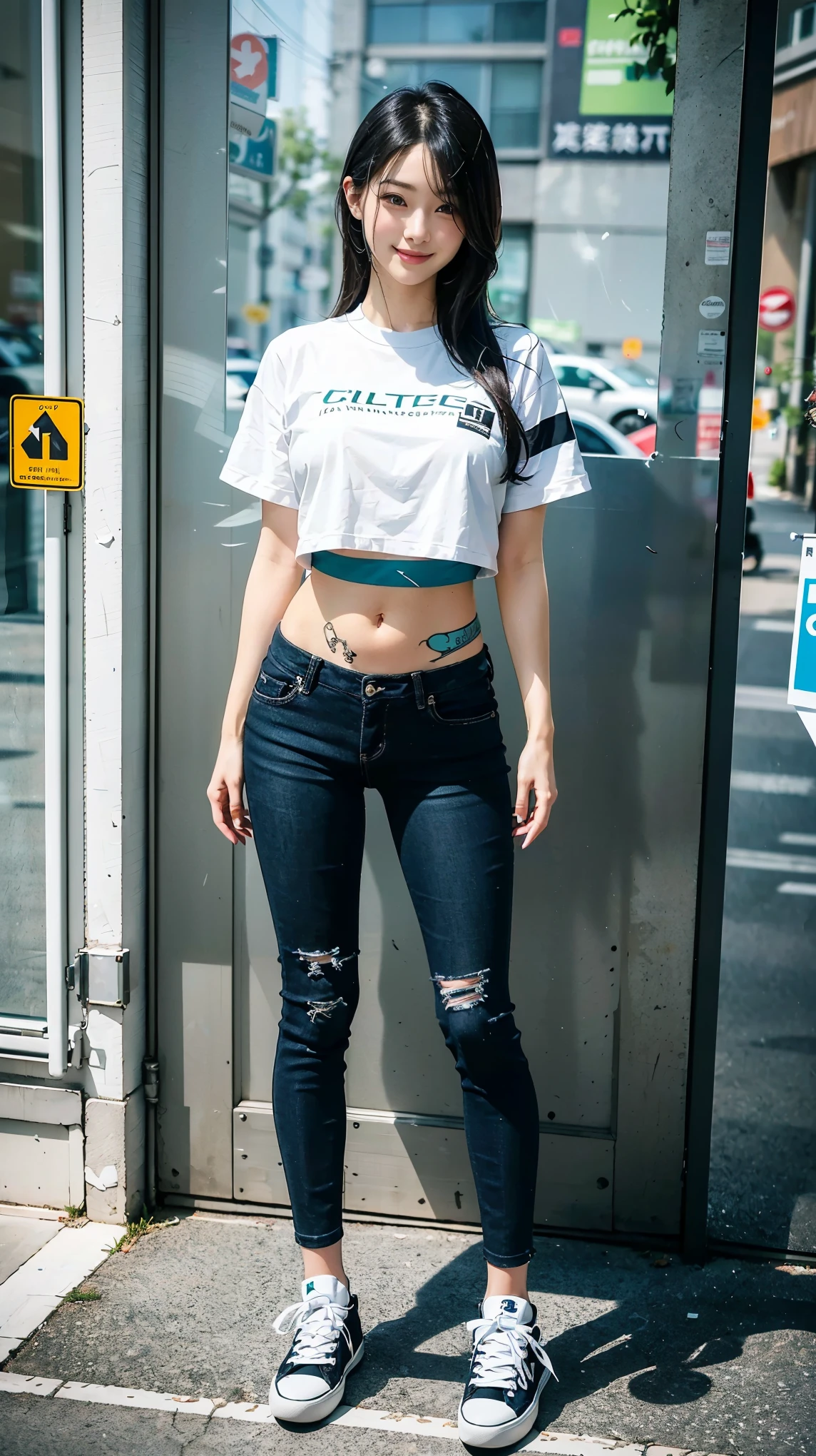 (Best Quality, Masterpiece, Photo realistic, Ultra Detailed, ultra high res, raw:1.3), 1girls, pretty, Japanese, smile, bangs, (big breasts),  (LowriseXL, LowwaistXL, groin), cropped T-shirt, skinny jeans, navel, (sneaker, beautiful legs, full body), high street,