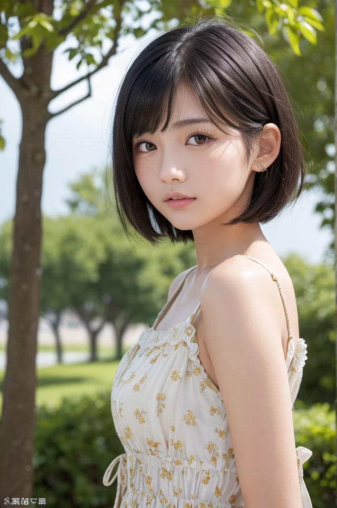 (High resolution:1.3), (16k, Photorealistic, Raw photo, Best image quality: 1.4), Japanese, (1peopleの少女), Beautiful Face, (A vivid face), (Black-haired、short hair:1.3), Beautiful Hairstyles, Realistic eyes, Beautifully detailed eyes, (Realistic Skin), Beautiful skins, attractive, 超A high resolution, Surreal, High detail, Golden Ratio, Outdoor, the wind is strong, From below,１people、 Half Body Shot,Highly detailed cute girl,(20-year-old)、 dress、