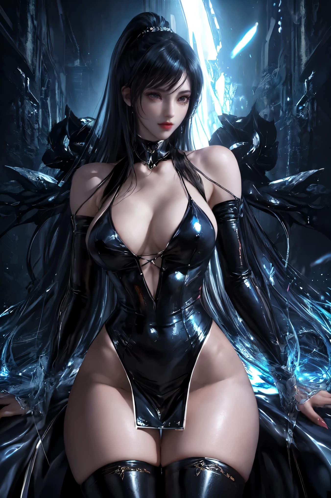 8k, masterpiece, bset quality, girl in tight black dress luxury, glossy, sexy girl fantasy anime artwork, fantasy anime illustration, 8k badass anime, anime art wallpaper 4k, 4k anime art wallpaper, 2.5 d cgi fantasy anime artwork, 8k anime art wallpaper, detailed digital anime art, beautiful fantasy anime, epic anime artwork , 4k anime wallpapers, detailed anime artwork, sexy, seductive, giant, women, anime style, best quality, extremely detailed, best silhouette), (details) font background, dark fantasy), (beautiful detailed face), high contrast, (best lighting details, extremely delicate and beautiful), ((cinematic lights)), colorful, super detailed, dramatic lighting, intricate details, (1 girl, solo, sharp face,...dark blue hair, super long hair, thick tifa-style bangs, long eyelashes, dynamic angles) , black light swirling around the character, depth of field, black light particles, wearing a luxurious, noble tight dress, tight, stockings, water effect, magic effect
