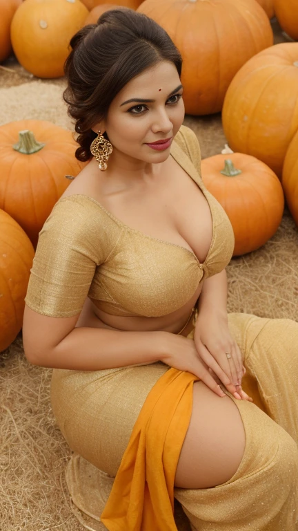 extreme close up photo of naked samantha, hide behind big pumpkins with wide open spread legs from top view, hourglass figure, swooping breasts, deep cleavage, curvy, armpits, yellow saree, seductive eyes, look at viewer lusciously, subtle smile, erotic red lips, sultry, ponytail, 4K, HD