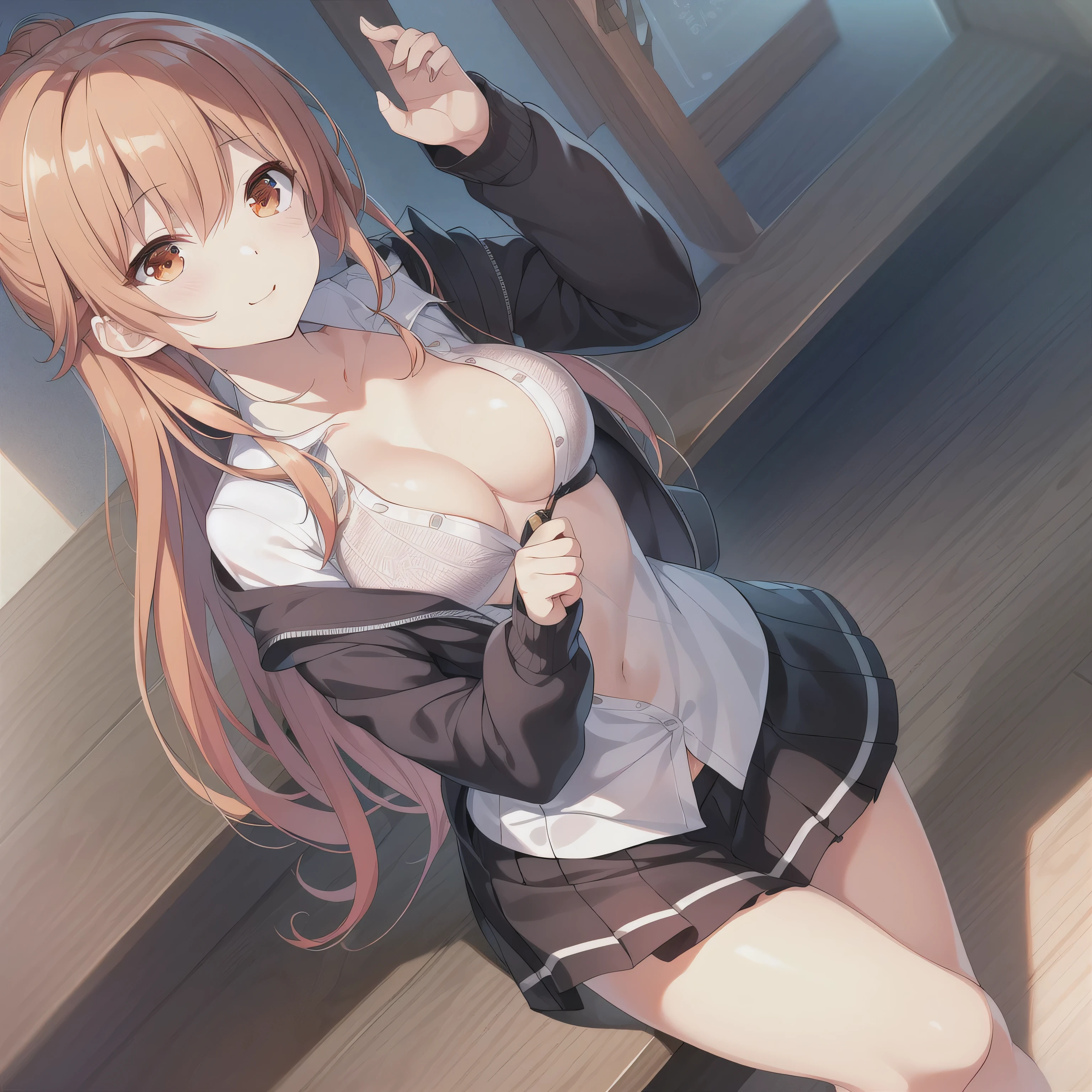 orange hair, long hair,( Eye:1.5), (Medium Breast:1.2),
Rest special short skirt, skirt, White shirt, Seto Fuku,Low-cut,Open shirt,Close your eyes,boots,Cleavage rests while looking at the audience,
Rest indoors, Class break (masterpiece:1.2), best quality, high resolution, Unity 8k Wallpaper, (illustration:0.8), (Beautiful and delicate Eye:1.6), Extremely detailed face, Perfect lighting, Extremely detailed CG, (Perfect hands, Perfect anatomical structure),