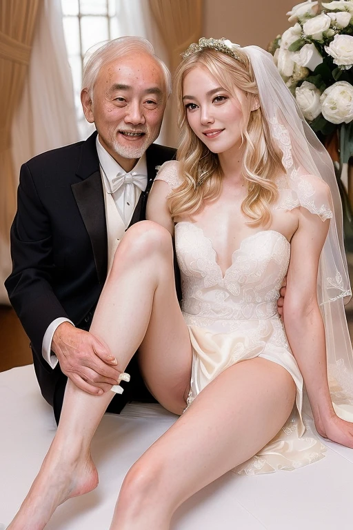 (1 white woman)、(1 korean old man:1.4)、(Super beautiful)、(beautiful face:1.5)、(blonde:1.2)、(detailed face:1.4)、(The bridegroom spreads the bride's legs:1.4)、(((woman all nude)))、(The groom touches the bride's crotch)、(Bride standing in the reception)、(The bridegroom in a white suit:1.1)、(bare legs)、(At SFW)