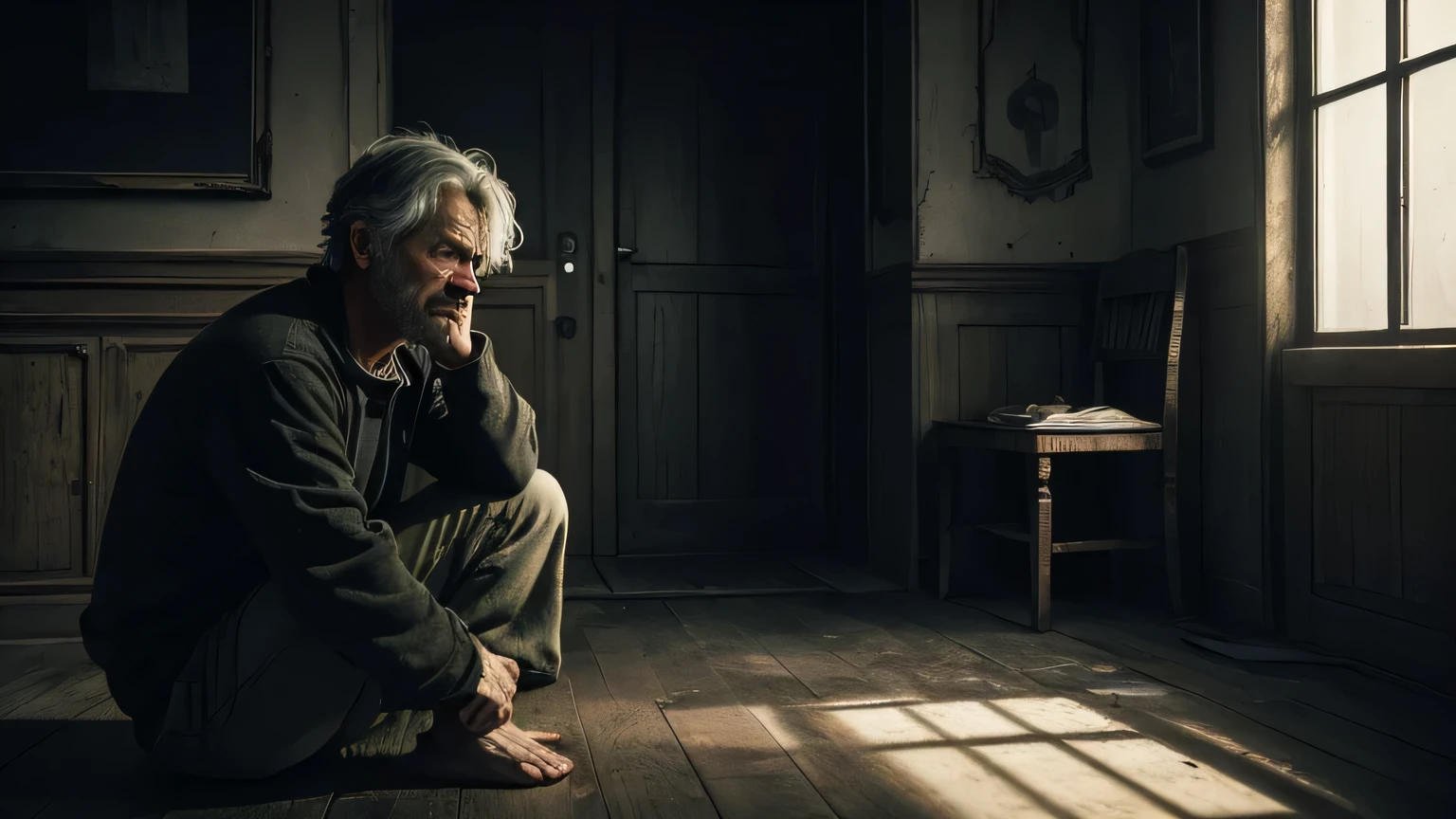 a sad man, age 30 wrinkled face, weathered skin, sunken eyes, hollow cheeks, poor, ragged clothes, disheveled hair, melancholic expression, solitary figure, indoor room, indoor background, desaturated colors, dramatic lighting, cinematic composition, (best quality,4k,8k,highres,masterpiece:1.2),ultra-detailed,(realistic,photorealistic,photo-realistic:1.37),cinematic,dramatic lighting,moody atmosphere, dark background