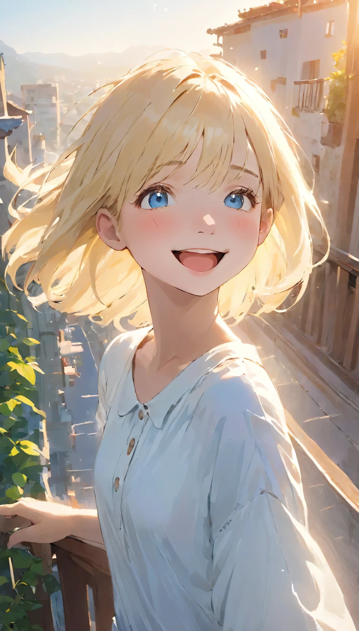 High resolutionCGを組み合わせた8K壁紙、High quality 8K CG wallpaper masterpiece、highest quality、High resolution、Very detailed、Ultra Sharp、Cinema Lighting、Anatomically correct、One Girl 、(Cute Face、Detailed face、Young Face)、(Platinum Blonde Hair、Super Short Hair、Straight hair:1.4)、blue eyes、Red cheeks、(Flat Chest:1.4)、(thin体:1.3)、thin、(smile:1.5)、(White shirt)、The girl is 10 years old..、balcony、happiness、(Upper body close-up:1.5)、Light of the sun、Hair swaying in the wind、