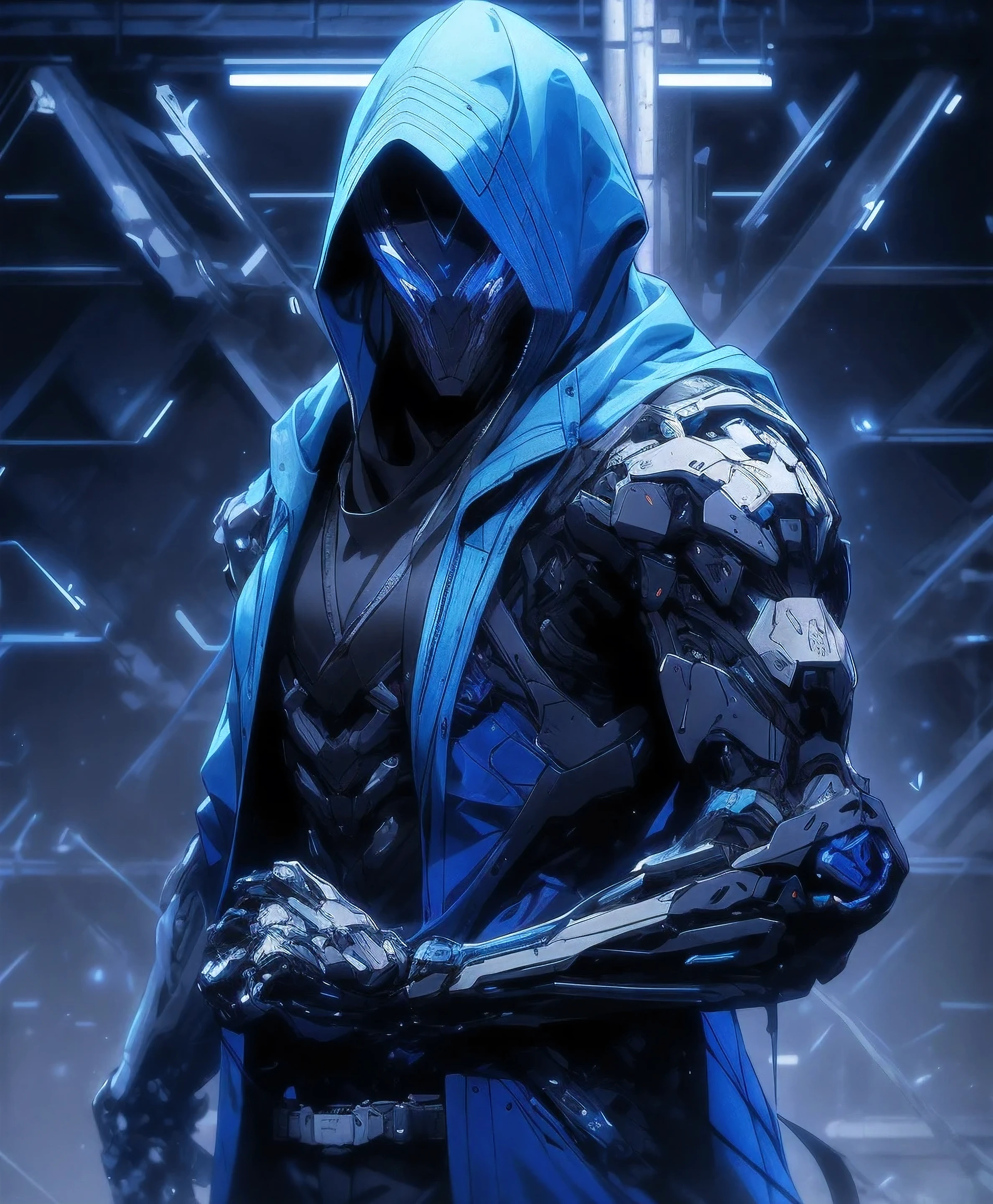 a man in a blue jacket and black pants standing in a dark room, wearing cultist blue robe, blue attire, character from mortal kombat, as a character in tekken, fighting game character, cyberpunk assassin, green hooded mage, cyberpunk outfits, blue clothes, the blue ninja, wearing leather assassin armor, an edgy assassin, cool blue jacket, cyberpunk street goon