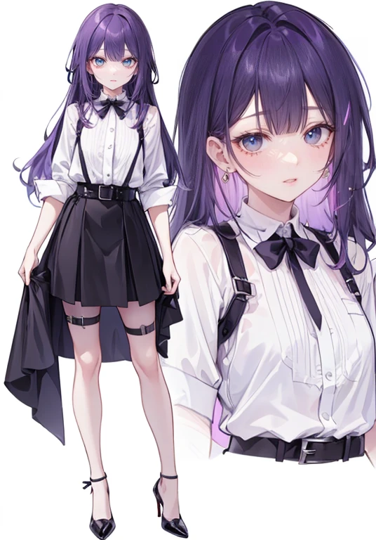 ((Perfect Face)),Purple Hair,super long hair,Adult female,Gothic,White shirt,((Shirt with rolled up sleeves)),(((Roll up your sleeves))),(((body harness belt))),skirt,(High heels),((Simple White Background)),((full body)),((Full Body)),