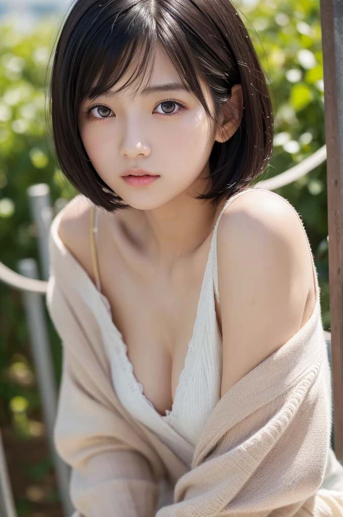 (High resolution:1.3), (16k, Photorealistic, Raw photo, Best image quality: 1.4), Japanese, (1peopleの少女), Beautiful Face, (A vivid face), (Black-haired、short hair:1.3), Beautiful Hairstyles, Realistic eyes, Beautifully detailed eyes, (Realistic Skin), Beautiful skins, attractive, 超A high resolution, Surreal, High detail, Golden Ratio, Outdoor, the wind is strong, From below,１people、 Half Body Shot,Highly detailed cute girl,(20-year-old)、 naked