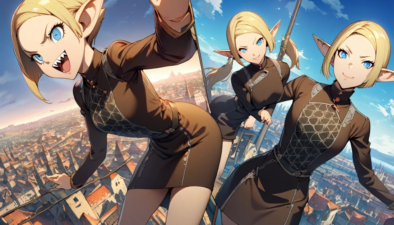 1girl, expressive blue eyes, wink, smile with sharp teeth, elf ear, blonde hair, black patterned clothes dress, jojo poses, big medieval city in sunset in background, detail richness, masterpiece, best quality, PERSONA style, Soejima Shigenori style