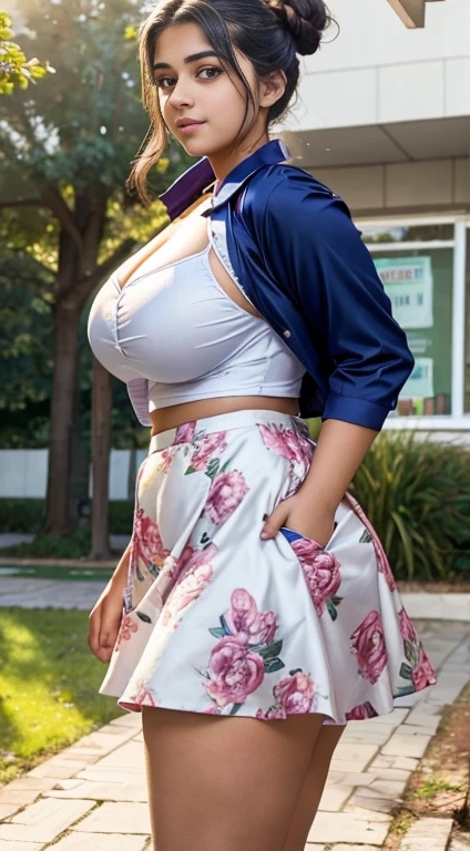 Random outdoor image of 20yo in school school photo in school masterpiece, (photorealistic:1.4), best quality, beautiful lighting,Eleanor Punjabi girl 20yo Old Big 44J Breasts Plus Size Model Bun lHair Bun Hair Hair Lifts Skirt Up Raised Skirt, wearing random Sexy Floral Print Satin Slip outfit.