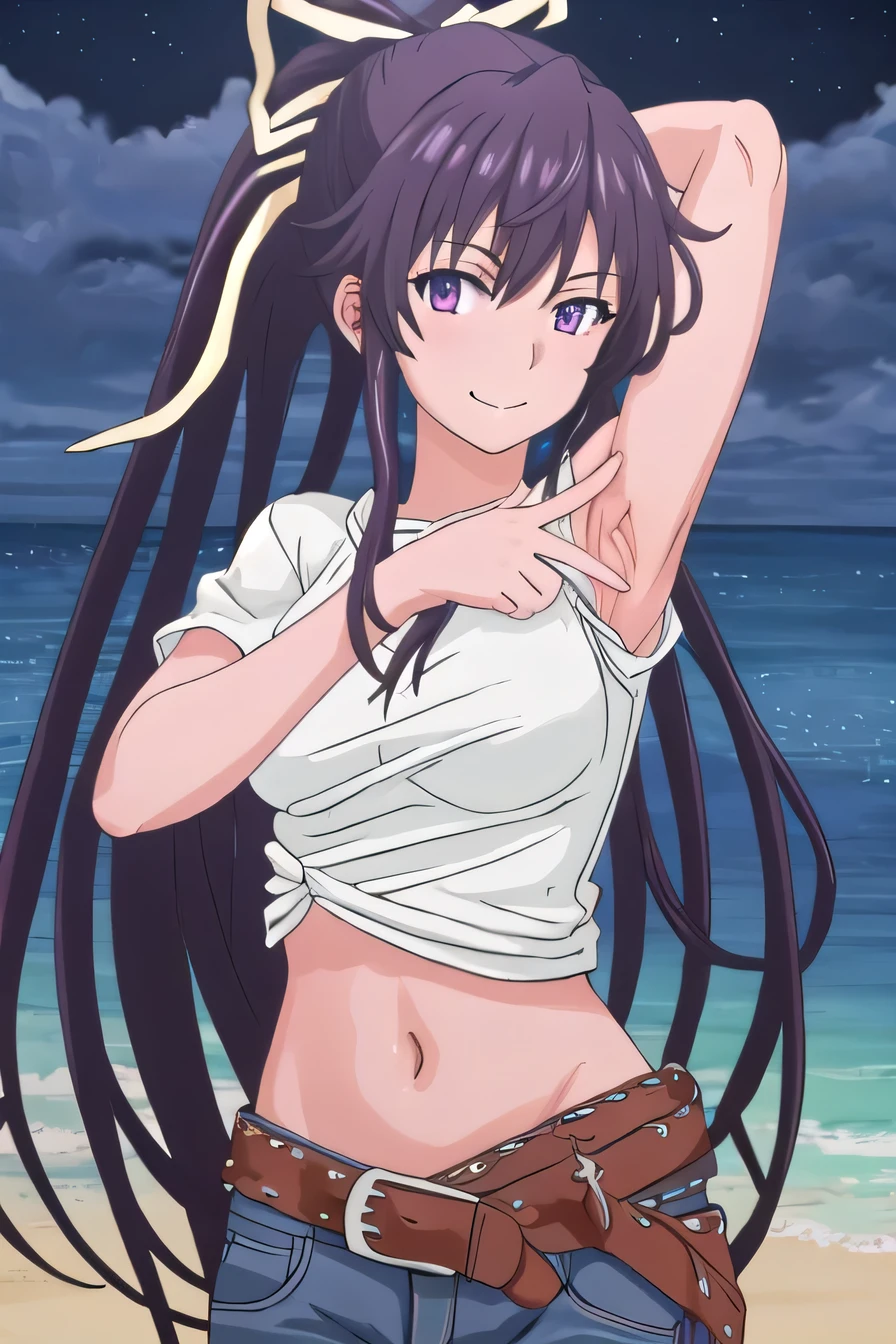 best quality, masterpiece, highres, solo, {kanzaki_kaori_toarumajutsunoindex:1.15}, long_hair, ponytail, ribbon, hair_ribbon, single pantsleg, white shirt, jeans, white ribbon, brown belt, asymmetrical legwear, black_hair, purple_eyes, very_long_hair, 1girl, purple_hair, solo, night sky, beach, arms behind head, contrapposto, spread armpits, closed mouth, smile, potrait, looking at viewer,