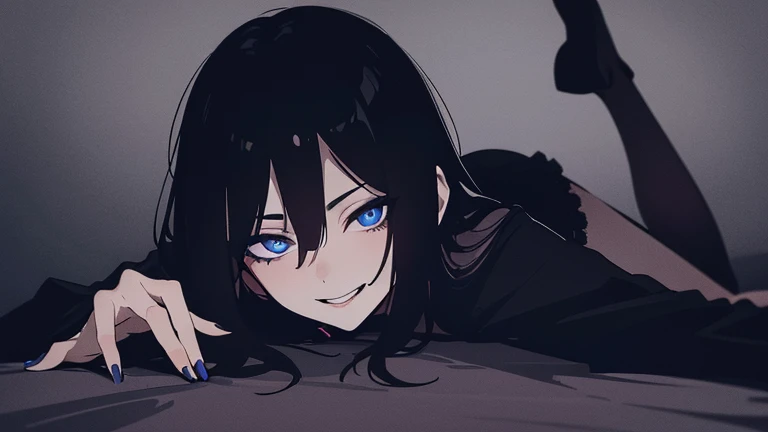 possessed woman, laying down on the bed (dark theme:1.5) prone position, looking back, short straight black hair, wearing kimono, stockings, bang covering one eye, crazy blue eyes, crazy smile, dark atmosphere, suggestive (best quality:1.2), (absurdres:1.2), (detailed background)