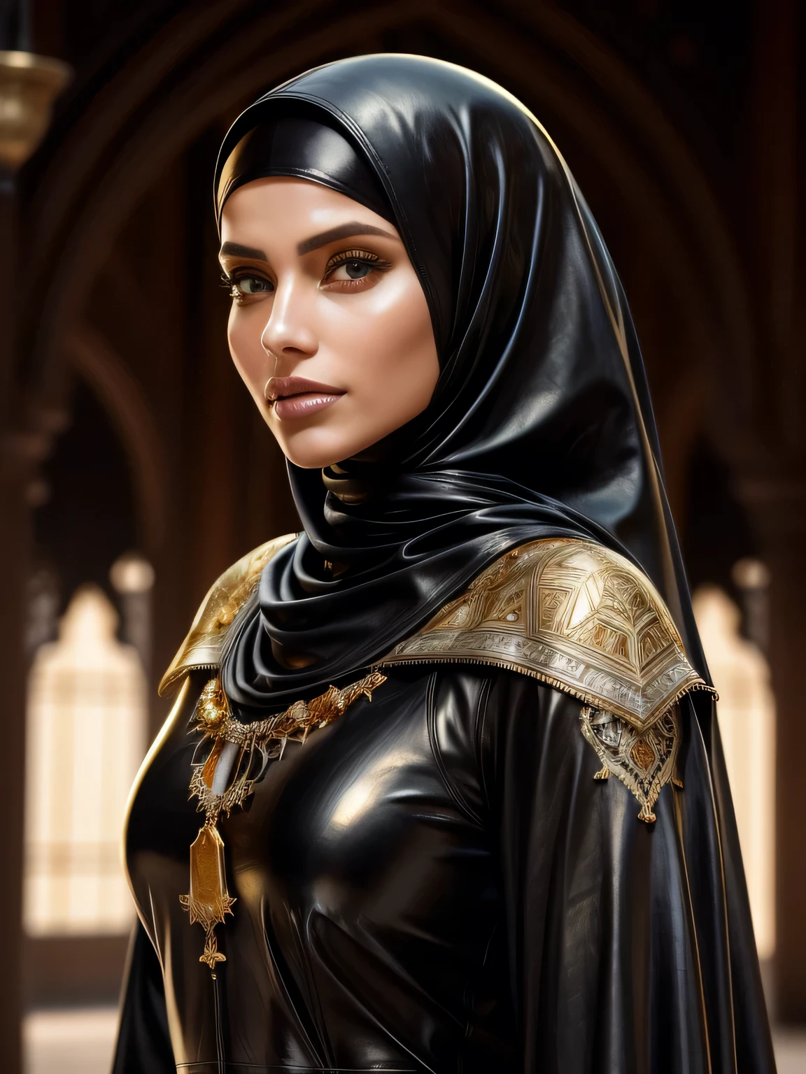 gorgeous woman, professional, (4k photo) by (Jeremy Lipking:0.3), (Dittmann Anna:0.3), (Arian Mark:0.3), (Sharp focus:1.3), (beautiful woman:1.3), wearing (leather hijab, leather abaya with intricate gold details:1.2), perfect make-up, striking, mesmerizing eyes, beautiful detailed face, standing in an arabian medieval marketplace