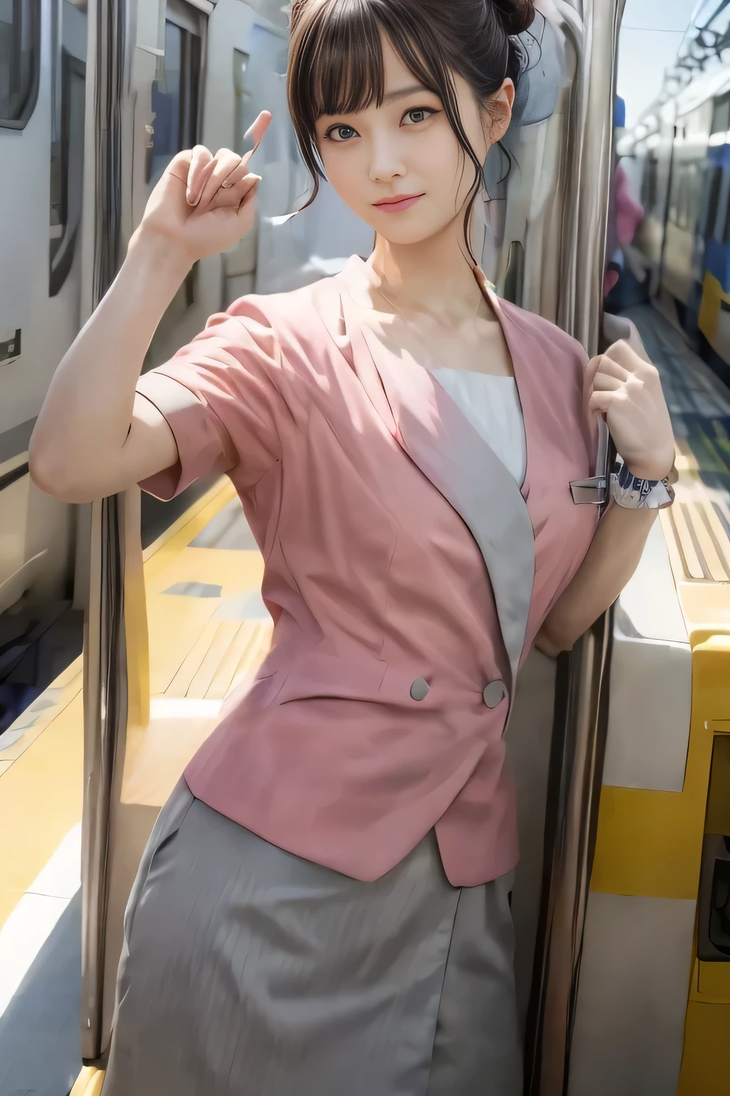 (masterpiece:1.2, highest quality:1.2), 32K HDR, High resolution, (alone、1 girl)、（On the rooftop of a building in the daytime、Professional Lighting）、Building rooftop background、（Nankai train crew uniform pinkを着たリアルスタイル）、（Nankai train crew uniform pink short sleeve pink jacket、Nankai Train Crew Uniform Pink Collarless Short Sleeve Blouse、Nankai Train crew uniform pinkのグレー色のキュロットスカート）、Dark brown hair、（Hair tied up、Hair Bun、Hair Bun）、Dark brown hair、Long Shot、Big Breasts、Thin legs、（（Great hands：2.0）），（（Harmonious body proportions：1.5）），（（Normal limbs：2.0）），（（Normal finger：2.0）），（（Delicate eyes：2.0）），（（Normal eyes：2.0））)、smile、（Nankai Train crew uniform pinkのグレー色のキュロットスカートを見せた美しい歩く姿）、Put your hands down