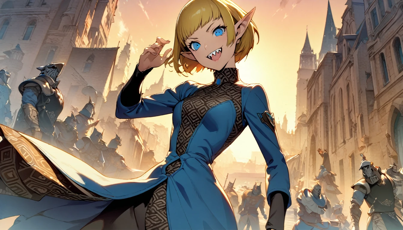 1girl, expressive blue eyes, wink, smile with sharp teeth, elf ear, blonde hair, black patterned clothes dress, jojo poses, big medieval city in sunset in background, detail richness, masterpiece, best quality, PERSONA style, Soejima Shigenori style