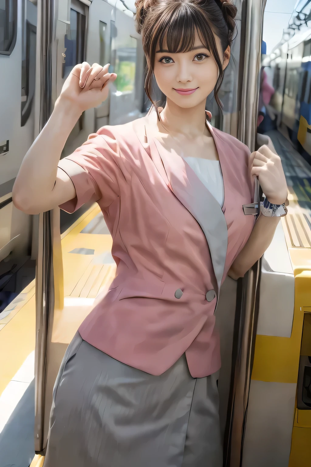 (masterpiece:1.2, highest quality:1.2), 32K HDR, High resolution, (alone、1 girl)、(On the rooftop of a building in the daytime、Professional Lighting)、Building rooftop background、(Nankai train crew uniform pinkを着たリアルスタイル)、(Nankai train crew uniform pink short sleeve pink jacket、Nankai Train Crew Uniform Pink Collarless Short Sleeve Blouse、Nankai Train crew uniform pinkのグレー色のキュロットスカート)、Dark brown hair、(Hair tied up、Hair Bun、Hair Bun)、Dark brown hair、Long Shot、Big Breasts、Thin legs、((Great hands:2.0)),((Harmonious body proportions:1.5)),((Normal limbs:2.0)),((Normal finger:2.0)),((Delicate eyes:2.0)),((Normal eyes:2.0)))、smile、(Nankai Train crew uniform pinkのグレー色のキュロットスカートを見せた美しい歩く姿)、Put your hands down