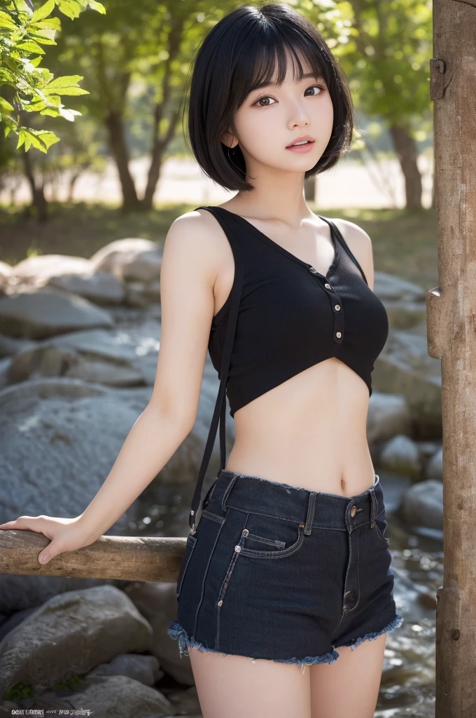 (High resolution:1.3), (16k, Photorealistic, Raw photo, Best image quality: 1.4), Japanese, (1peopleの少女), Beautiful Face, (A vivid face), (Black-haired、short hair:1.3), Beautiful Hairstyles, Realistic eyes, Beautifully detailed eyes, (Realistic Skin), Beautiful skins, attractive, 超A high resolution, Surreal, High detail, Golden Ratio, Outdoor, the wind is strong, From below,1people、 Half Body Shot,Highly detailed cute girl,(20-year-old)、 Nipples clitoris Belly button