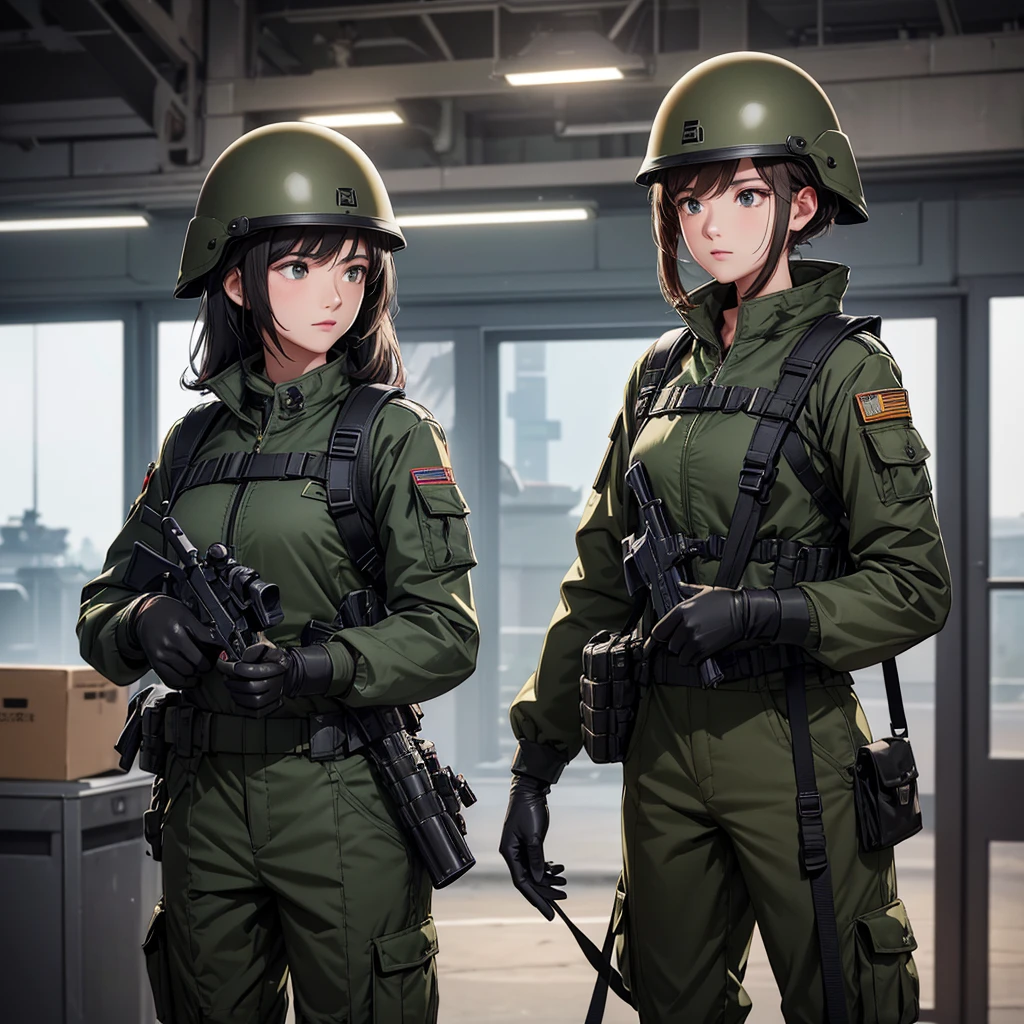 Two female soldiers wearing helmets standing guard、Two black rubber shoulder straps for 2 people crossed、Dark green M51 jacket、upright、Magazine Pouch、military trousers、Black gloves、Write details、masterpiece、best quality、Highly detailed CG、8K picture quality、theater lighting、lens flare