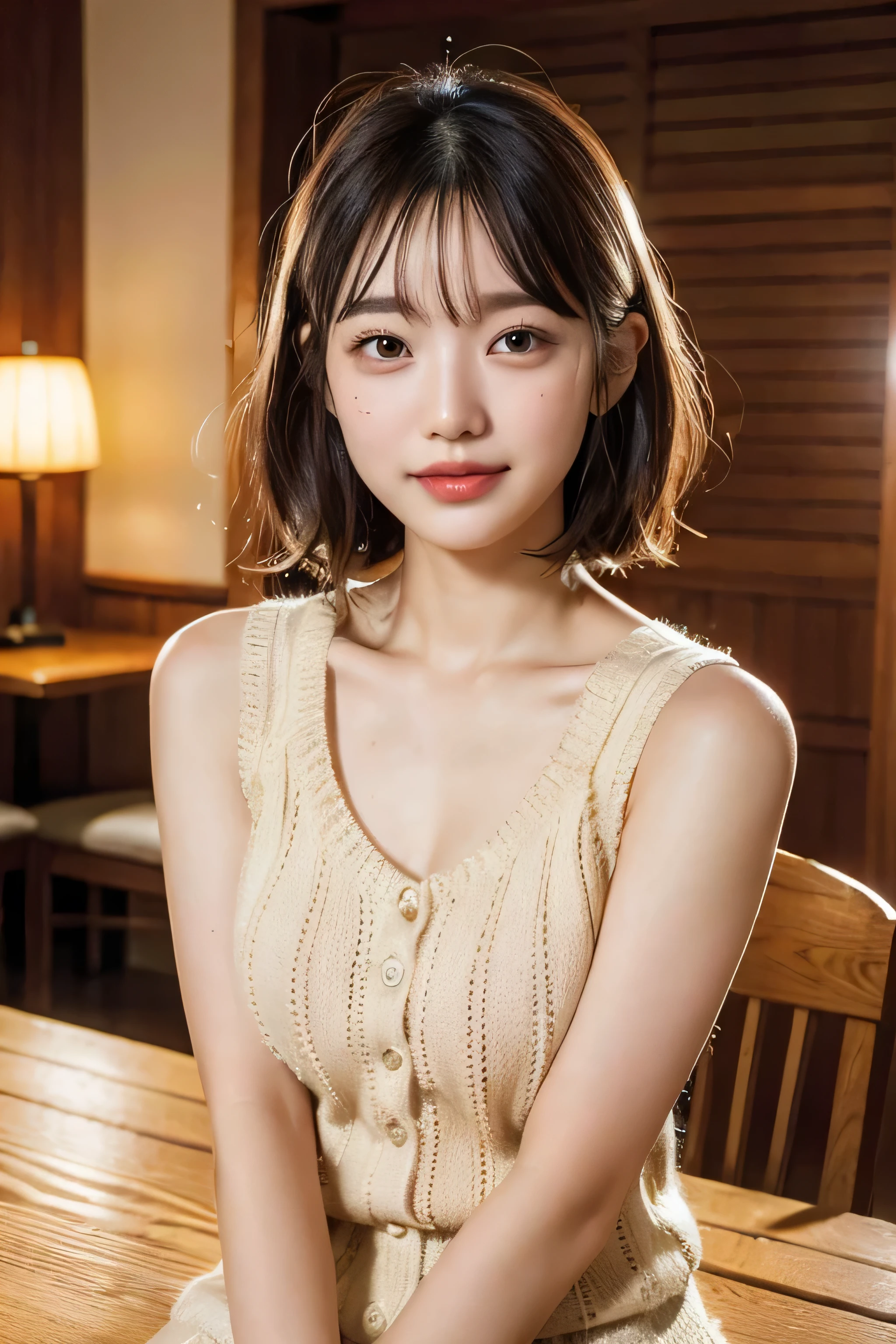(natta:1.7), East Asian Architecture, 1 girl, sixteen years old、Colossal tits Beautiful shiny straight semi-long、Beautiful fingers,Beautiful long legs,Beauty Body,Cute nose,Beautiful character design,perfect eyes,face perfect,looking at viewert,(Innocent_Big_Eyes:1.0),(light_Smile:0.3),offcial art,ighly detailed ,(tmasterpiece:1.0),(best_quality:1.0), 超A high resolution,4K,ultra - detailed, photography of, 8K, nffsw, hight resolution, the background is blurred, (Beautiful_Face:1.5),(8K,Raw photo, 、Relax at a ryokan in Japan、(The background is a café restaurant at night:1.3),(White tank top&White Beige Shoulder Length Knit Cardigan、Plaid Flared Micro Mini Skirt:1.3),(Colossal tits) Backgrounds with depth Three-dimensional feeling ((White Beige Knitted Camisole、Thin string:1.4)) (Beautiful large breast), (Sitting leaning forward with your chest proudly on the table:1.3)