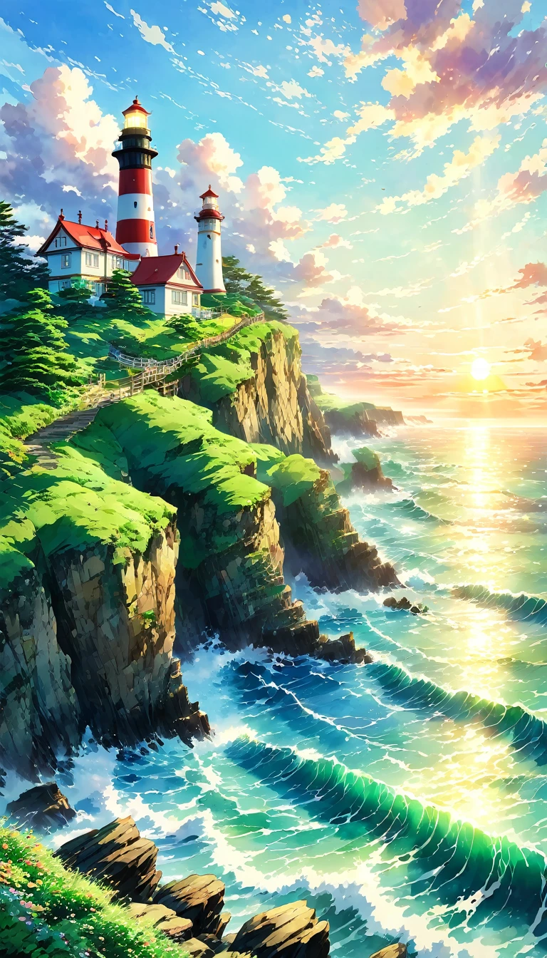 Ocean, Ocean岸, cliff, Lighthouse, Home, green, wood, rock, Wave, 太陽Light, blue sky, cloud, summer, sunset, Asahi, Light, vivid, beautiful, landscape, anime, watercolor, warm, bright、beautiful animeのlandscape, landscape画, beautifulデジタル絵画, Andreas Rocha, beautifulアートワークのイラスト, Awesome Wallpapers, Raymond Han, 背の高いbeautiful絵画, スタジオグリブリー 新Ocean誠, beautiful壁紙, animeのlandscape