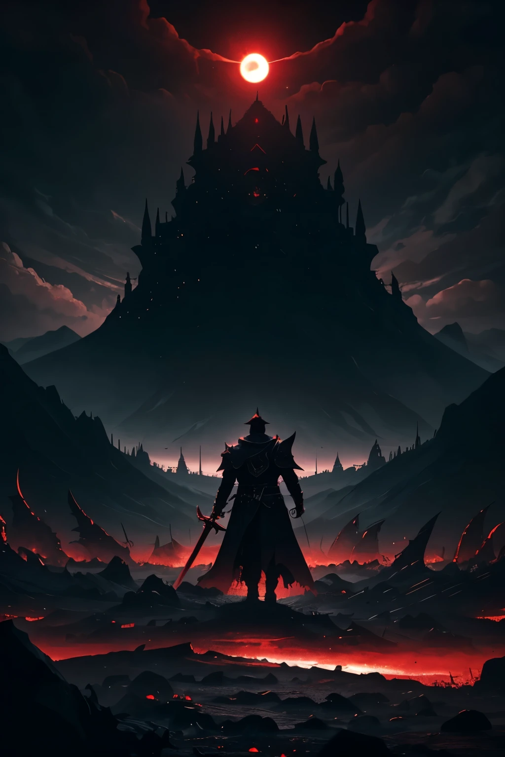 Landscape shot, insane detail, shadows
A red solar eclipse with a man standing at the top of hundreds of demon corpses holding a massive sword he is tattered in a black cloak and armor. In front of him is a massive hand made if sould at each finger is a demon