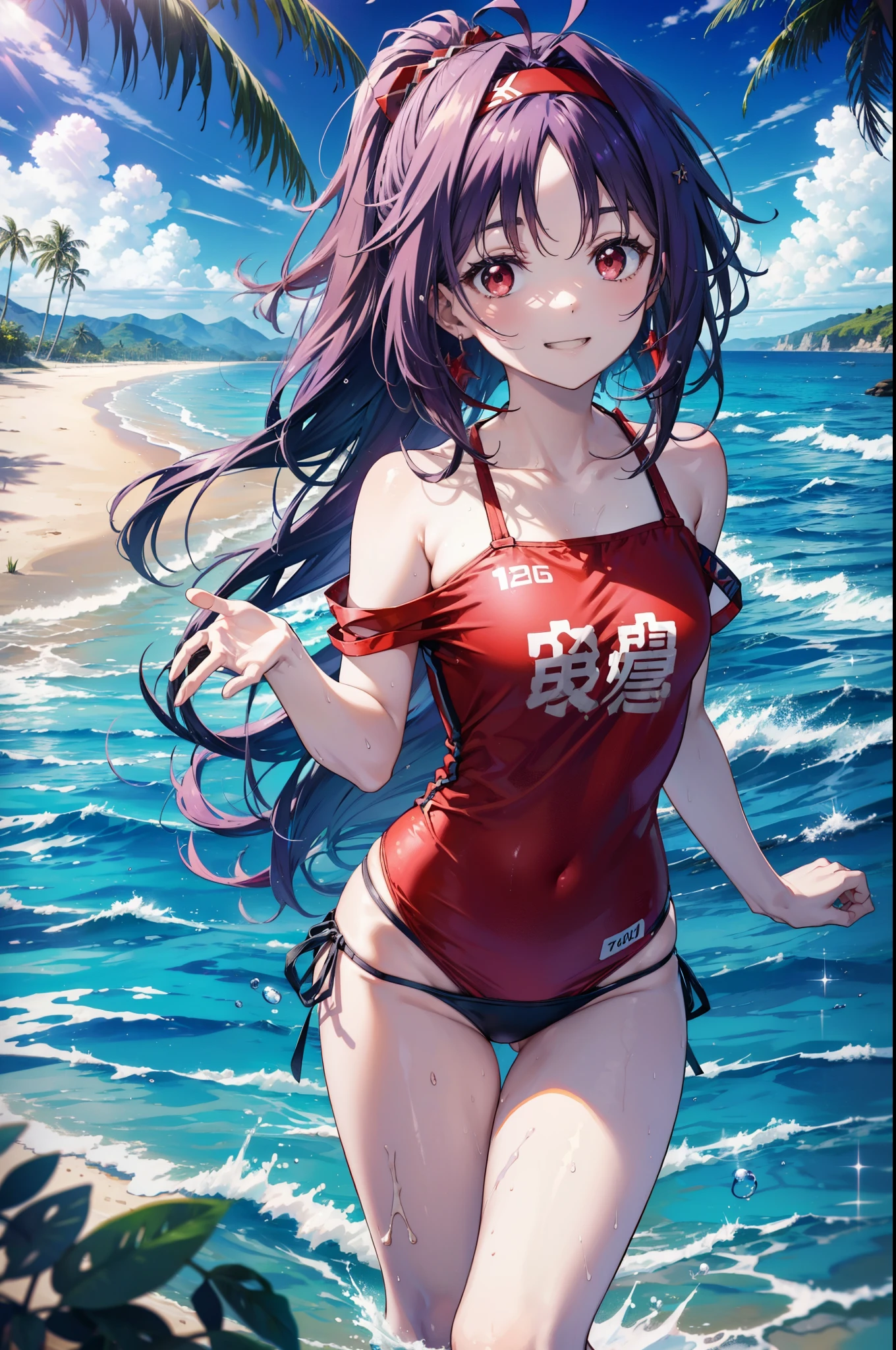 yuukikonno, Konno Yuuki, hair band, Long Hair, Pointed Ears, Purple Hair, (Red eyes:1.5), (Small breasts:1.2), Grin,smile,Purple bikini swimsuit,oversized red t-shirt,barefoot,Palm tree,Holding a swim ring in his right arm,Palm tree,True Summer,whole bodyがイラストに入るように,Walking,
break looking at viewer, whole body,(Cowboy Shot:1. 5)
break outdoors, Beach,Sandy Beach,
break (masterpiece:1.2), highest quality, High resolution, unity 8k wallpaper, (figure:0.8), (Beautiful fine details:1.6), Highly detailed face, Perfect lighting, Highly detailed CG, (Perfect hands, Perfect Anatomy),