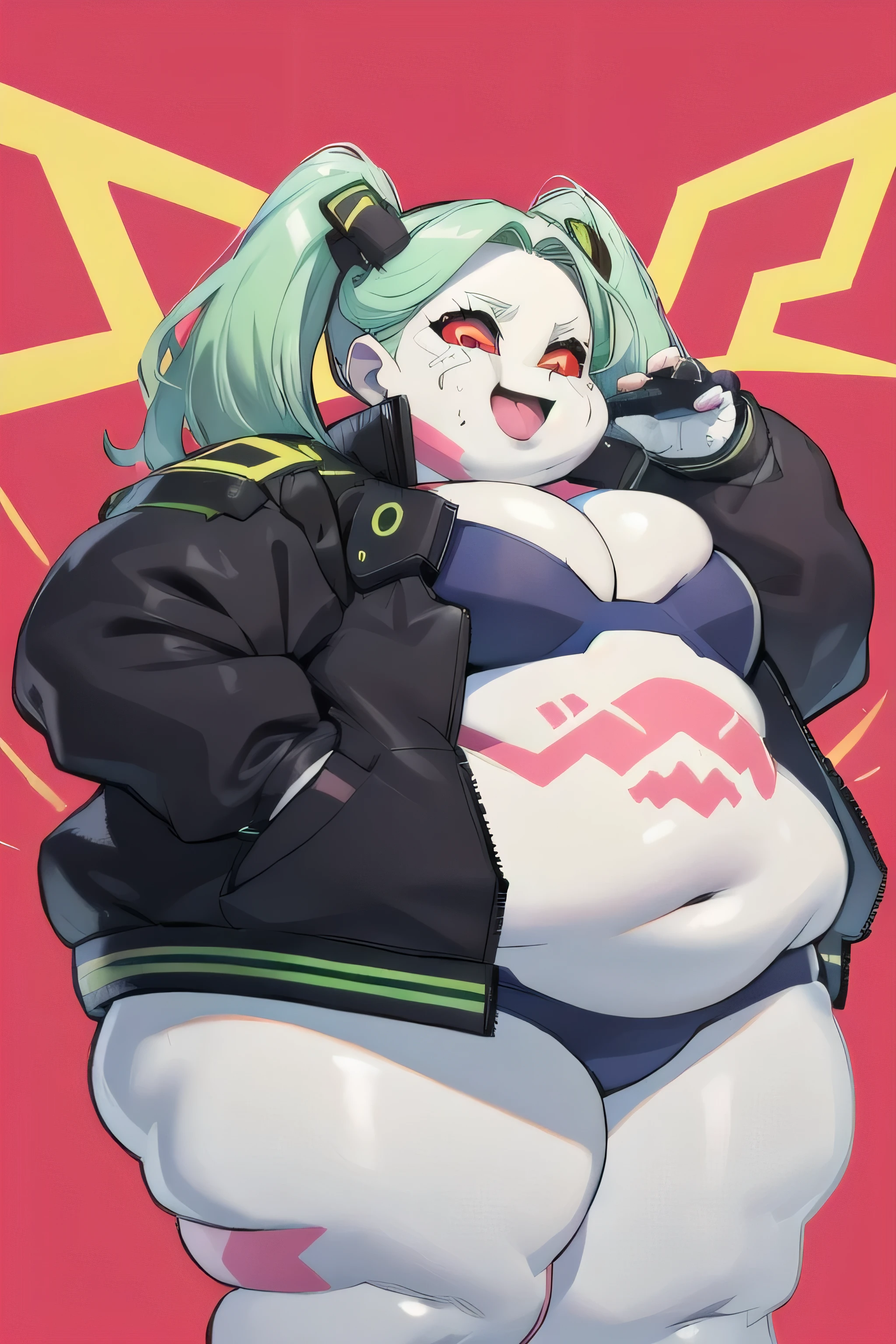 Fat cprebecca, colored skin, white skin, gree hair, twintails, artificial eye, slob body, colored sclera, red sclera, black jacket, bra, panties, small breasts, thick thighs, big Cheeks, cute and fat face, happy