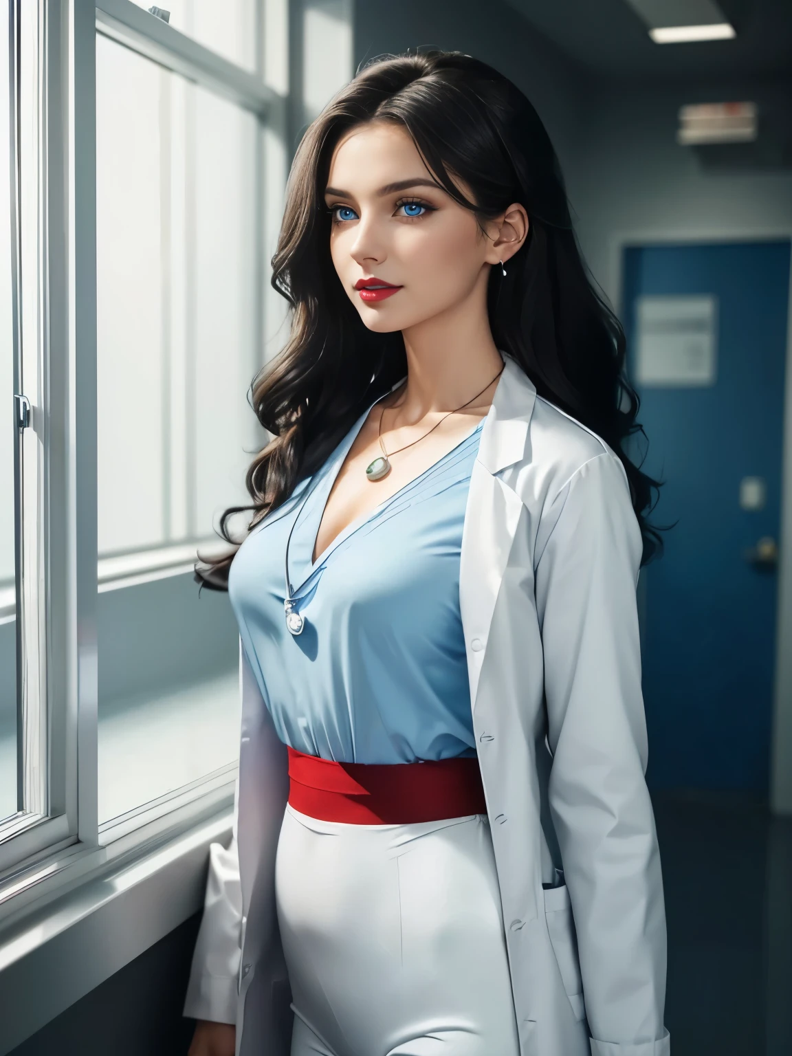 Caucasian woman; black hair, wavy hair, long hair, hair parted in the middle; blue eyes, ((lined eyes)), ((highlight blue eyes)), shiny eyes; (eyes with reflection); ((red lipstick) ), (glossy lips), makeup; smile, toned body, athletic body, (medium breasts), ((nipples)); ((light blue blouse)), ((white pants)), ((dressed as a doctor)), ((white doctor's coat)); earrings, necklace, bracelets; high quality, artistic shot, standing, in hospital, Soft light, side view, overhead shot.