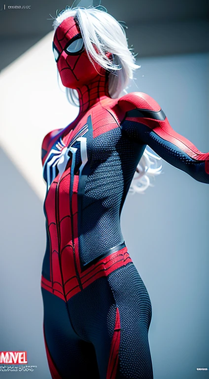 (Extreme Detail CG Unity 8K wallpaper、​masterpiece、top-quality)、(exquisite lighting and shadow、highly dramatic picture、cinematic lens effects)、Cute girl in white Spider-Man costume、Silver-gray hair color、Spider-Man Parallel Universes、Wenger、Marvel、spider-man、Dynamic and dynamic poses)、(excellent details、outstanding lighting、wide angles)、(Excellent rendering、Enough to stand out in its class)、 White Spider-Man costume、Focus on complex spider textures