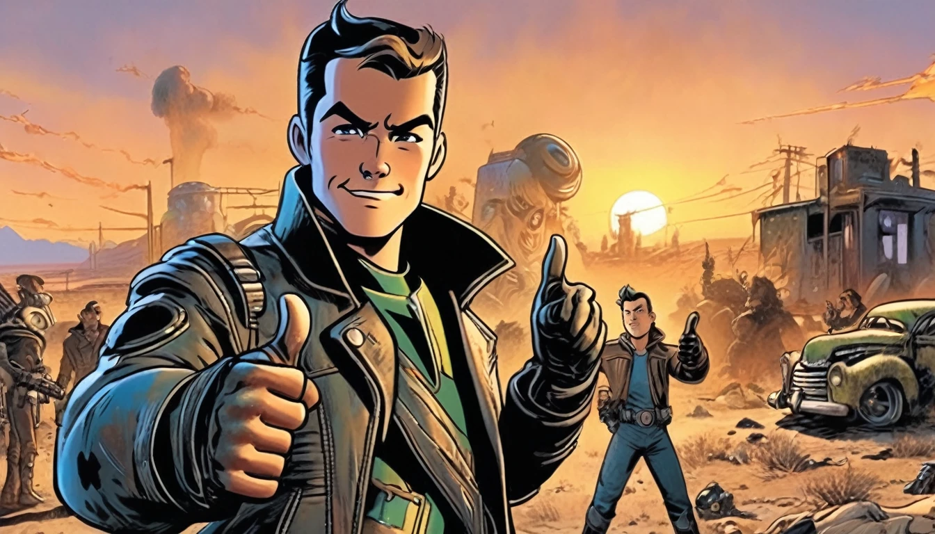 band, expressive eyes, wink, in fallout leather jacket, vaul-boy pose, thumbs up, wasteland in sunset in background, detail richness, masterpiece, best quality, fallout style, pulp's comics style