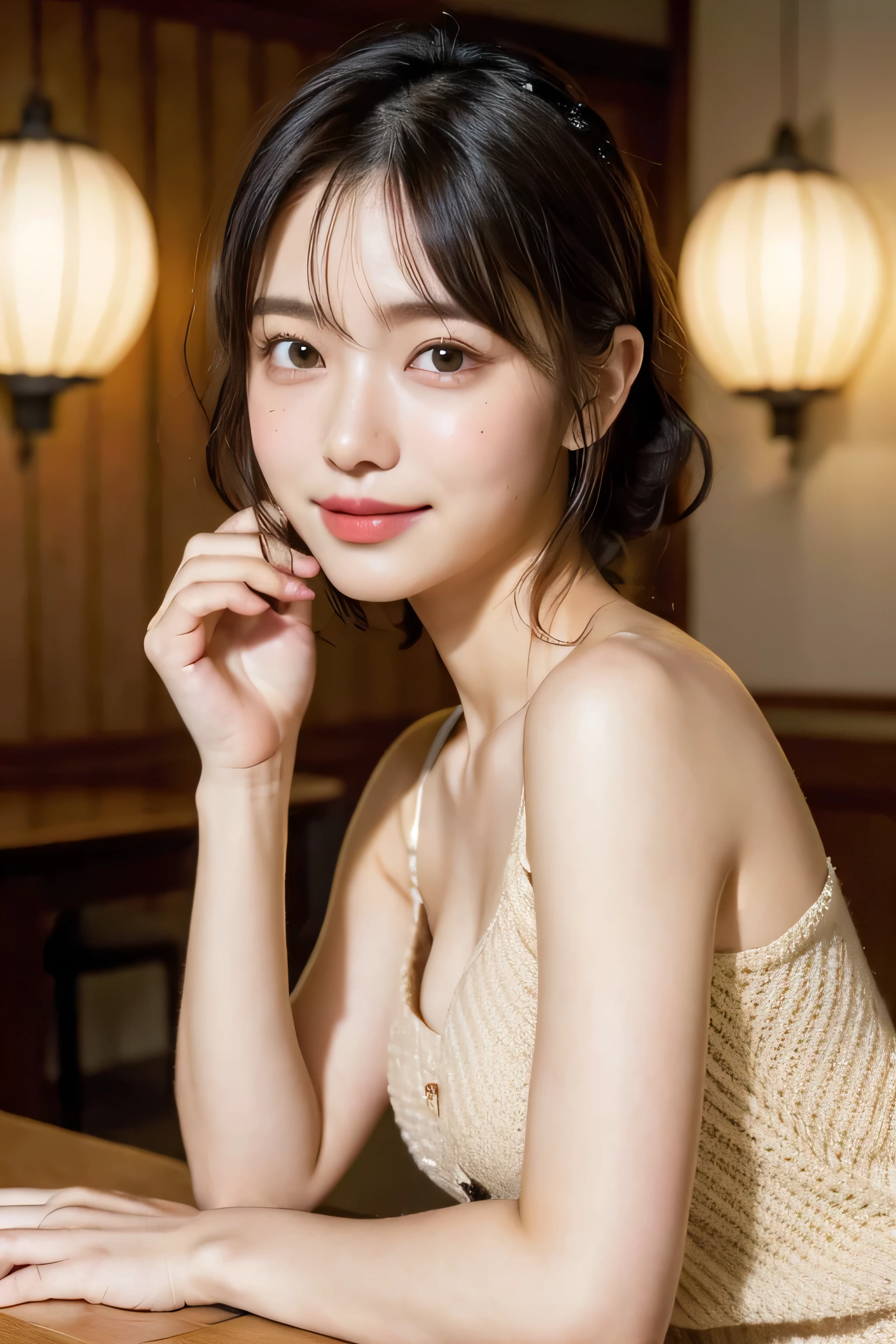 (natta:1.7), East Asian Architecture, 1 girl, 、Colossal tits Beautiful shiny straight semi-long、Beautiful fingers,Beautiful long legs,Beauty Body,Cute nose,Beautiful character design,perfect eyes,face perfect,looking at viewert,(Innocent_Big_Eyes:1.0),(light_Smile:0.3),offcial art,ighly detailed ,(tmasterpiece:1.0),(best_quality:1.0), 超A high resolution,4K,ultra - detailed, photography of, 8K, nffsw, hight resolution, the background is blurred, (Beautiful_Face:1.5),(8K,Raw photo, 、Relax at a ryokan in Japan、(The background is a café restaurant at night:1.3),(White tank top&White Beige Shoulder Length Knit Cardigan、Plaid Flared Micro Mini Skirt:1.3),(Colossal tits) Backgrounds with depth Three-dimensional feeling ((White Beige Knitted Camisole、Thin string:1.4)) (Beautiful large breast), (Sitting leaning forward with your chest proudly on the table:1.3)