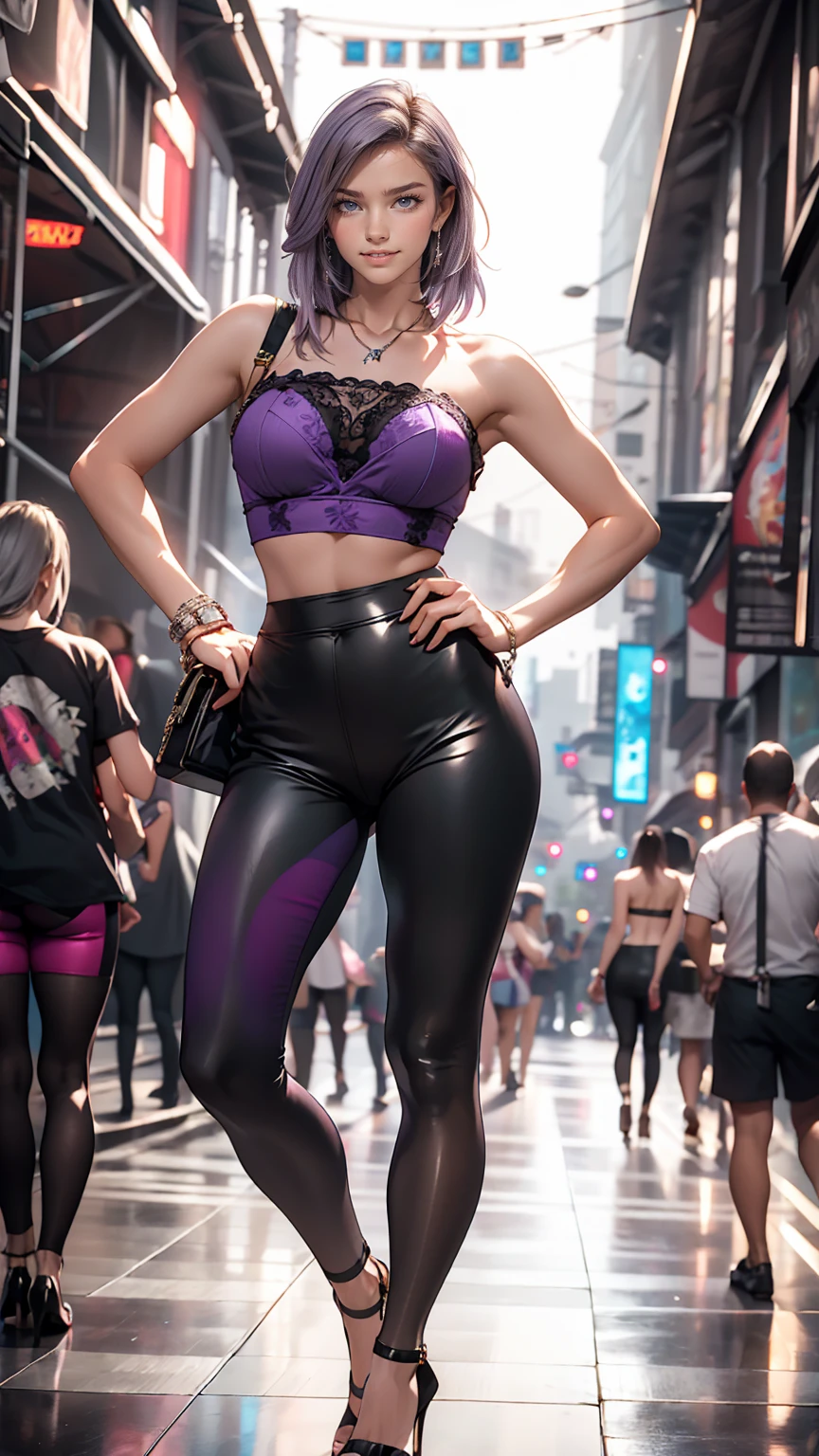 Attractive 24 year old woman、Silver Hair、long hair、Purple inner color((colored inner hair))、Wear a bustier top、Wear leggings、Wearing high heels、Place your hands on your hips、smile、Sexy proportions、At the legendary rock festival