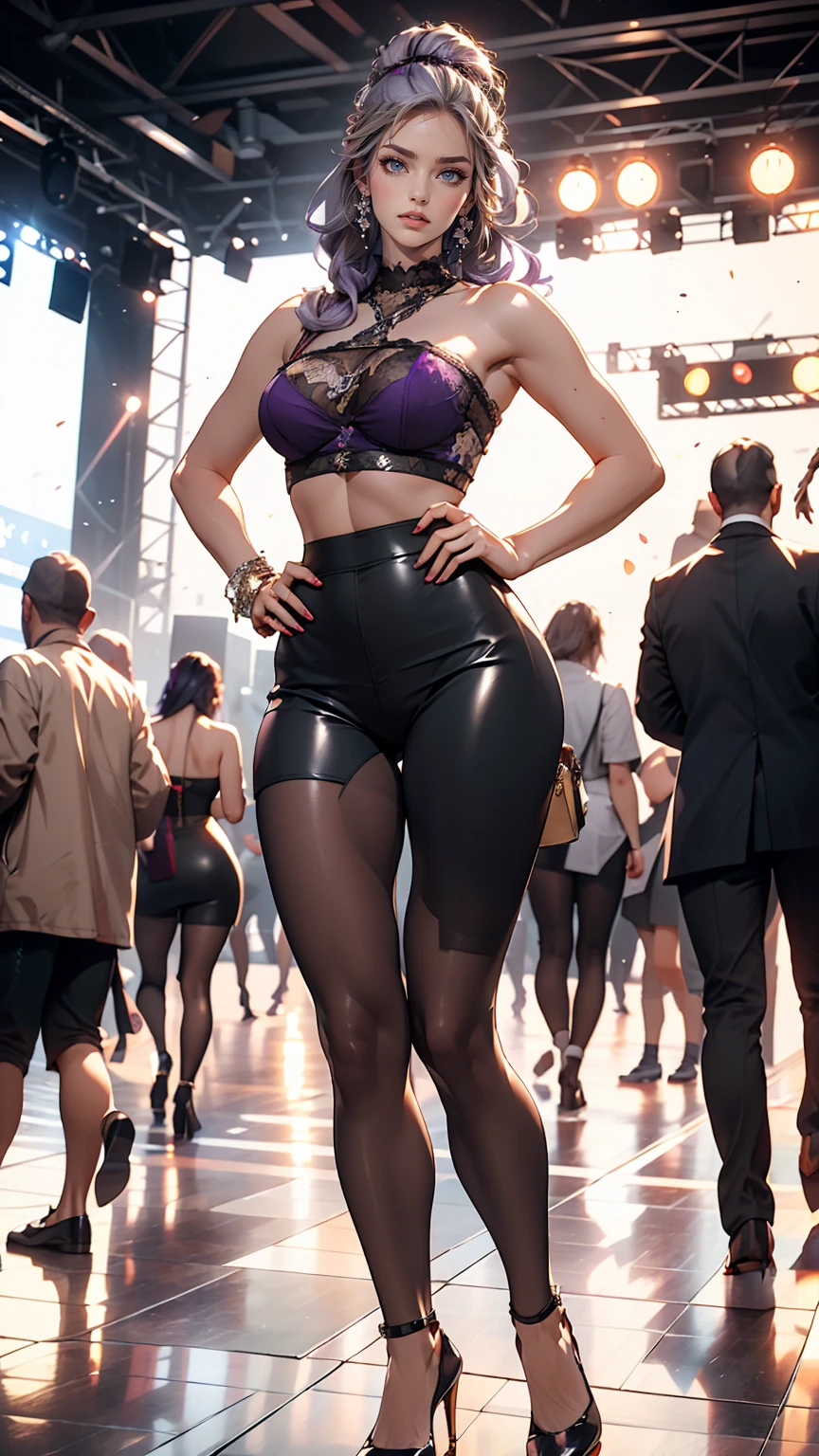 Sexy 45 year old woman with big breasts and big butt with pubic hair parades on a high fashion catwalk with a thong and bare breasts, red-haired Asian wearing black heels