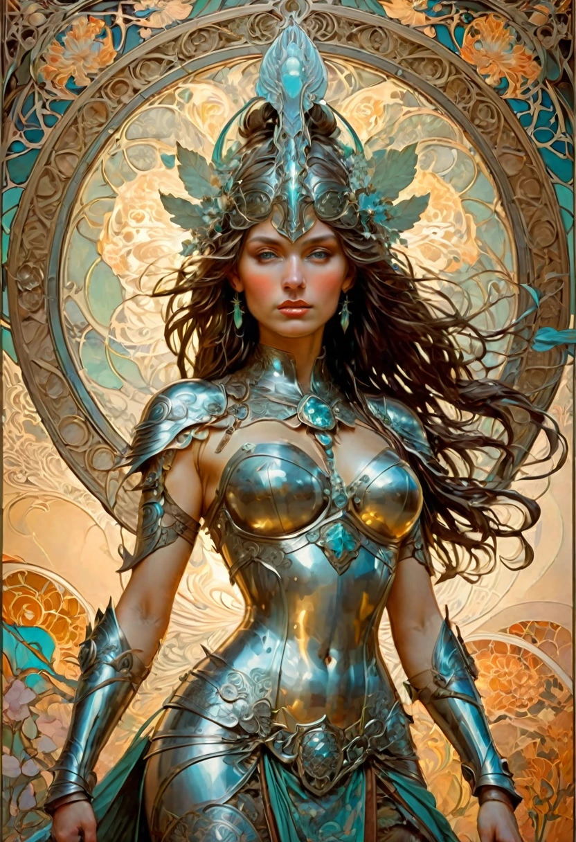 Female Warrior, by Alphonse Mucha, best quality, masterpiece, very aesthetic, perfect composition, intricate details, ultra-detailed